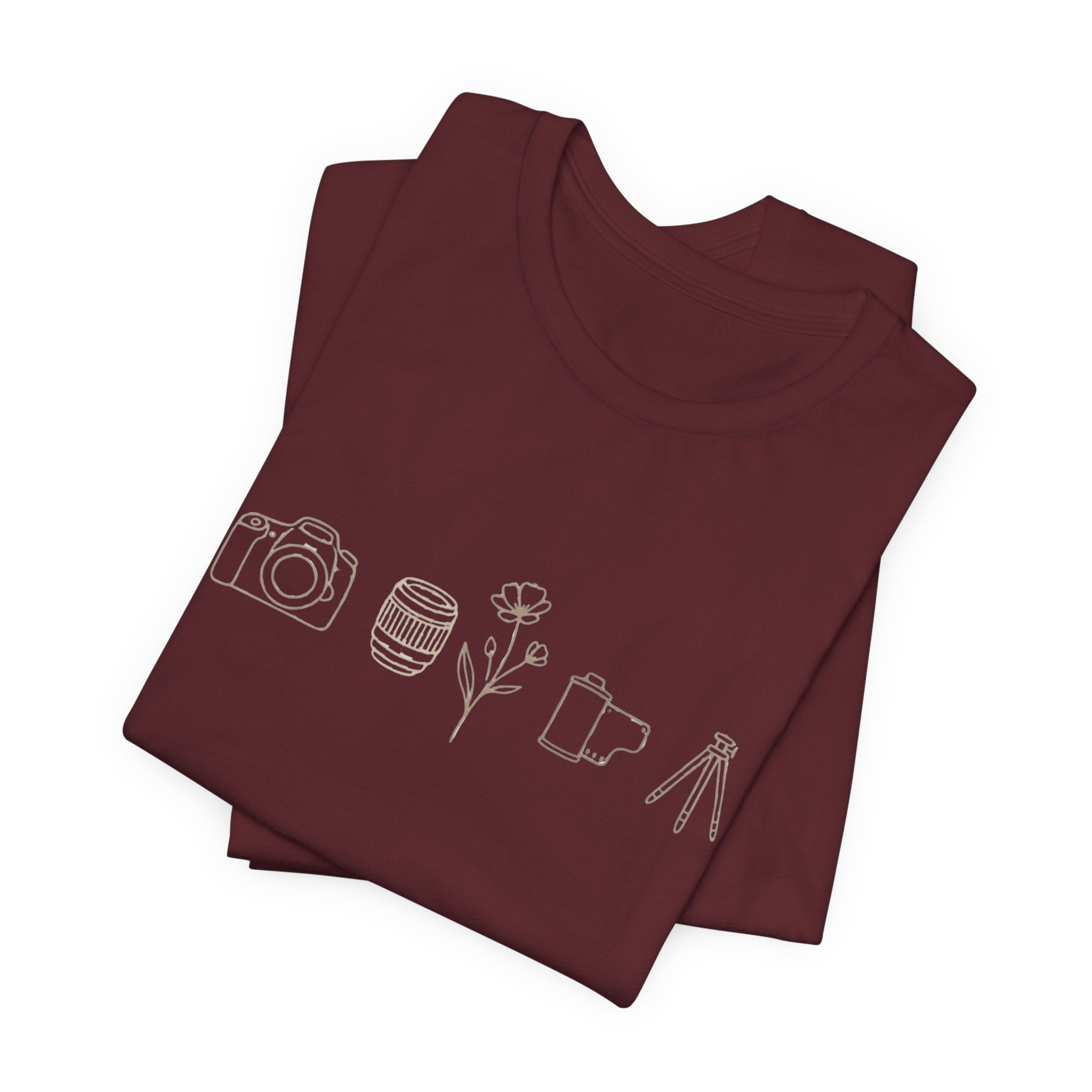 Photography Icons Tee — Minimal Camera, Film, Flower & Tripod Graphic Shirt