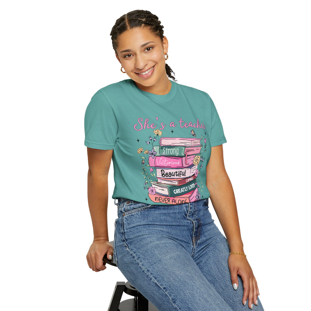 Teacher Appreciation T-Shirt — "She's a Teacher" Floral Stack Design