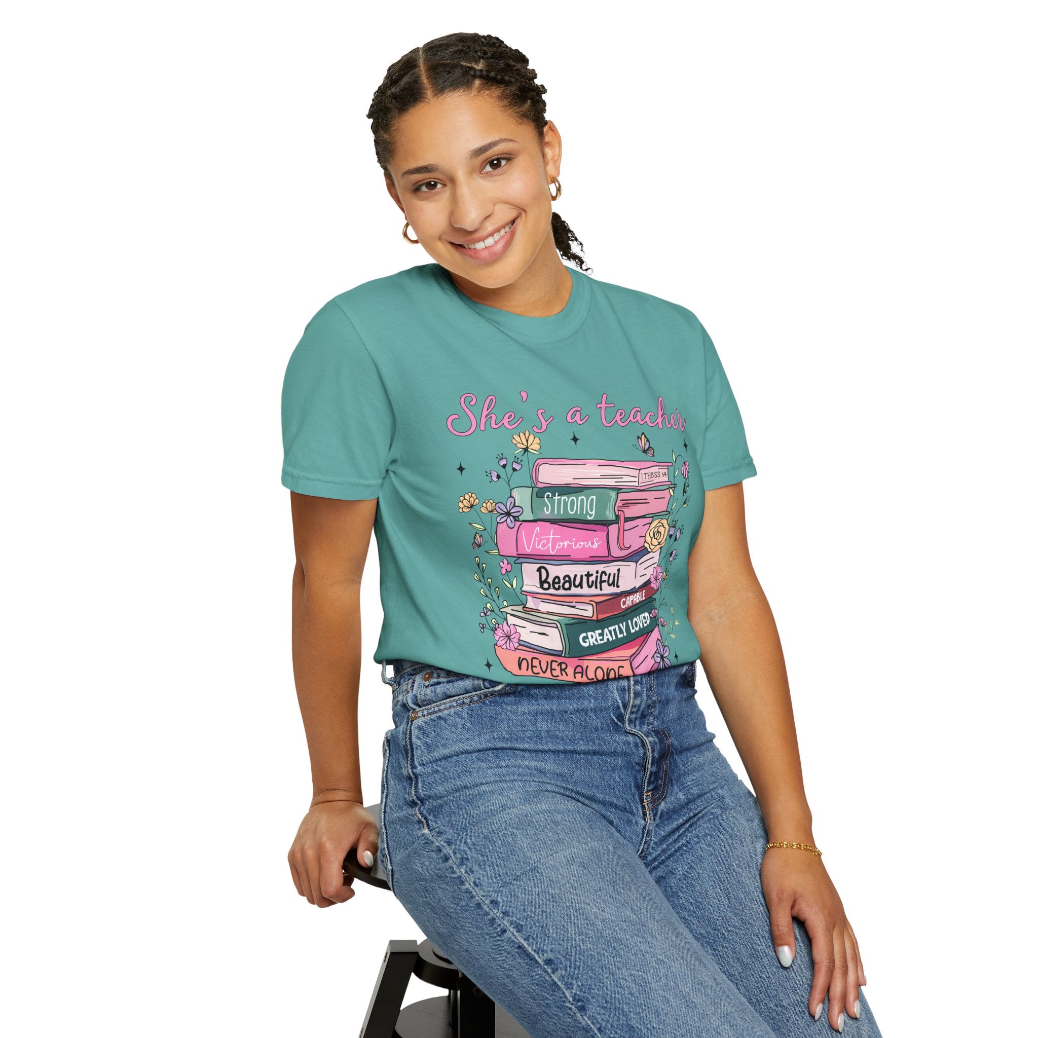 Teacher Appreciation T-Shirt — "She's a Teacher" Floral Stack Design