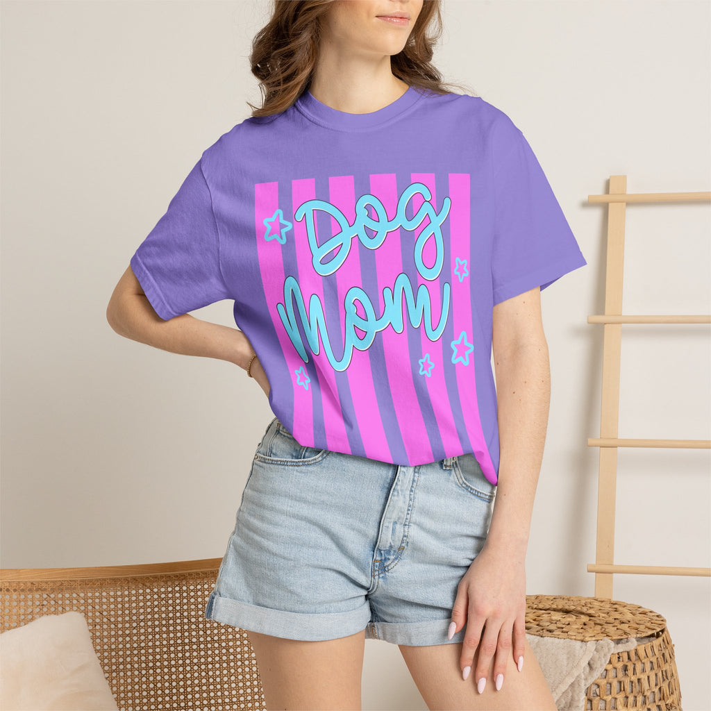 Dog Mom T-Shirt — Pastel Striped Graphic Tee for Pet Lovers