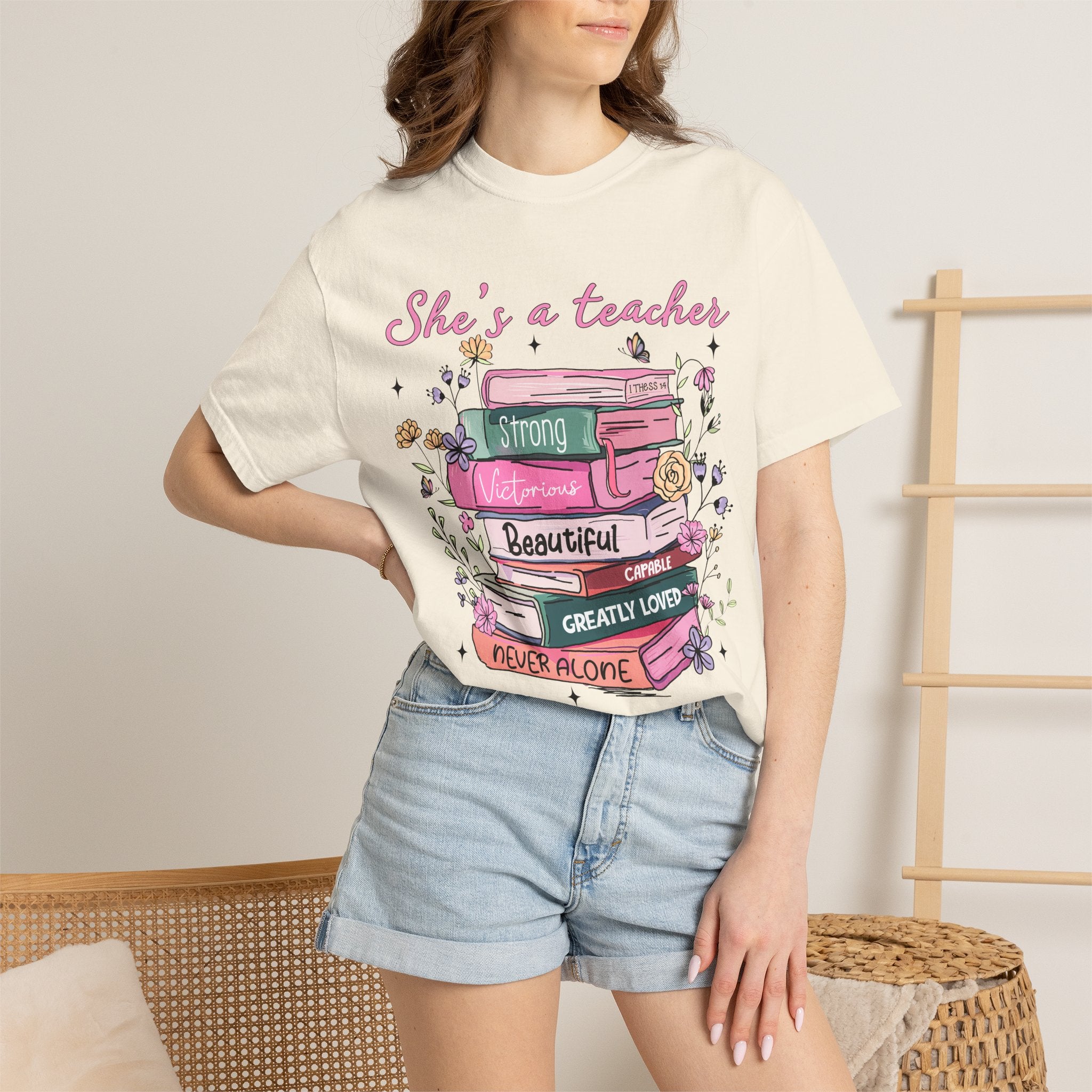 Teacher Appreciation T-Shirt — "She's a Teacher" Floral Stack Design