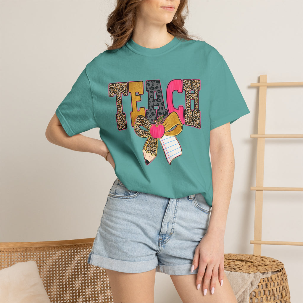 Teacher Graphic Tee — 'TEACH' Leopard Print Pencil Bow Design