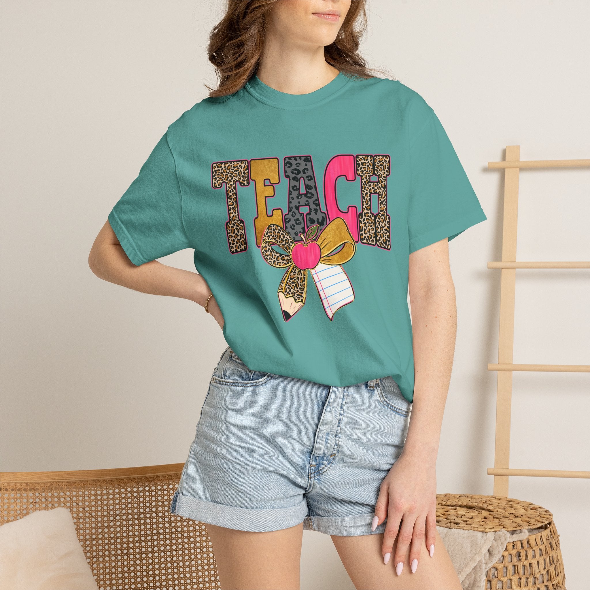 Teacher Graphic Tee — 'TEACH' Leopard Print Pencil Bow Design