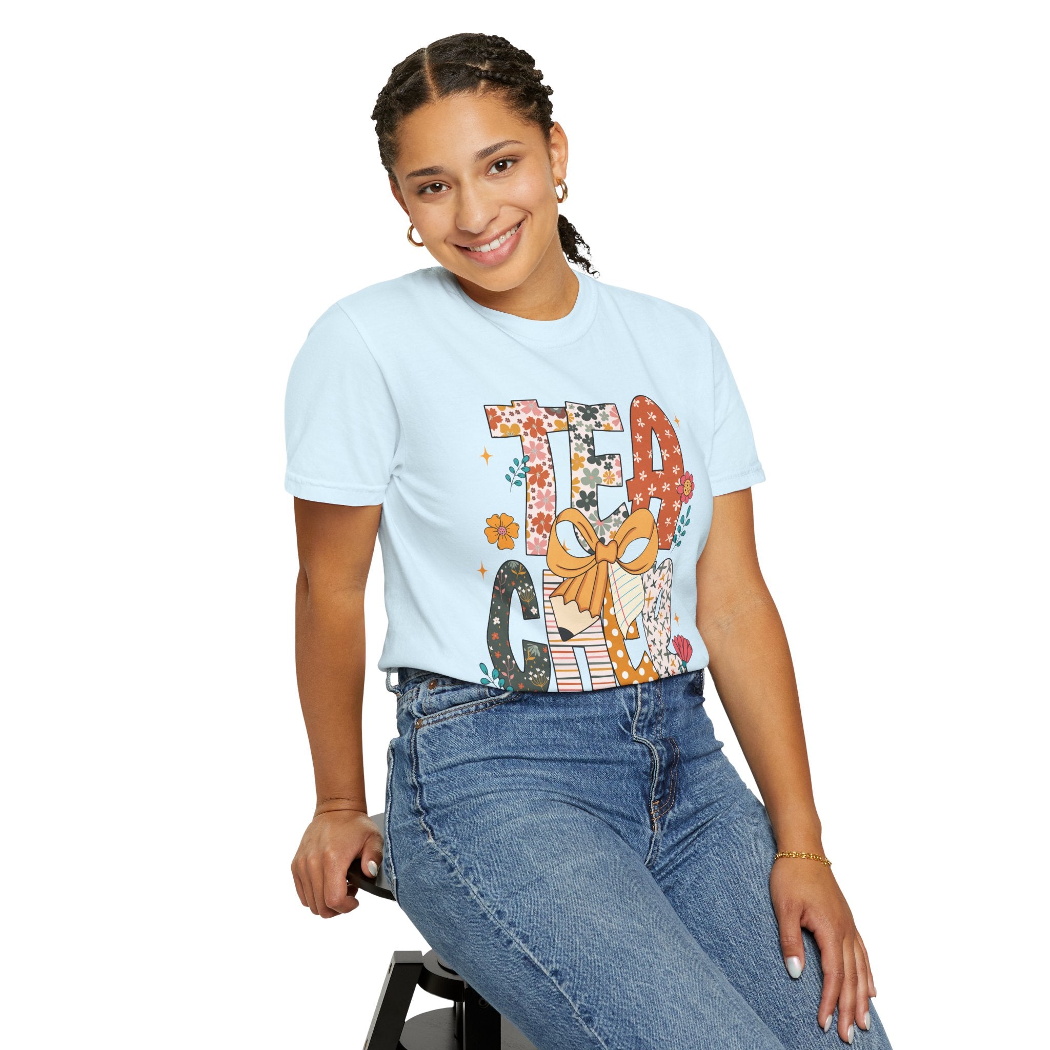 Teacher Graphic T-Shirt — Floral "Teacher" Design with Ribbon