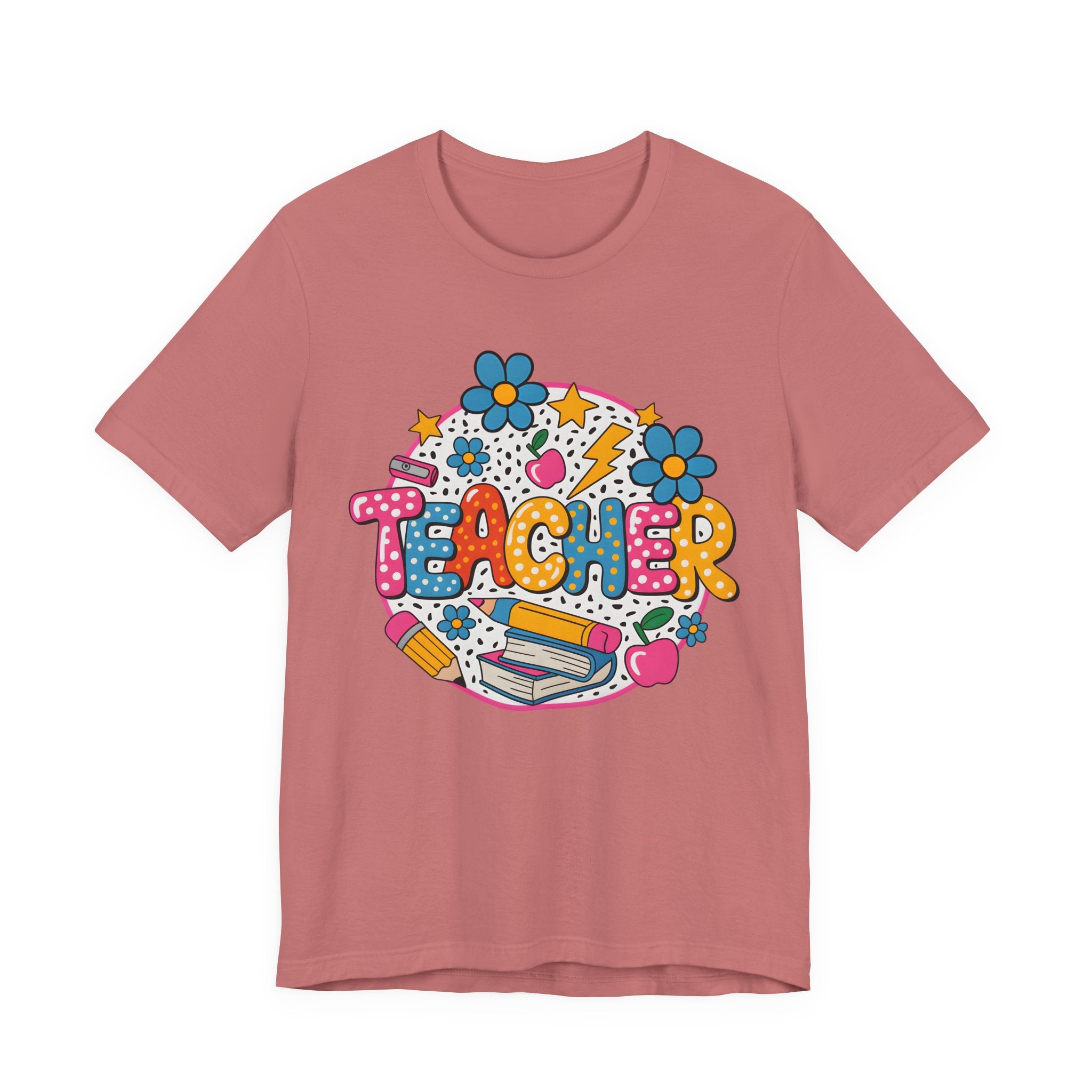 Teacher Doodle Graphic Tee — Colorful School Supplies Design