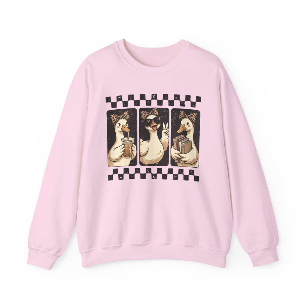 Duck Trio Crewneck Sweatshirt — Vintage Checkered Retro Goose Illustration