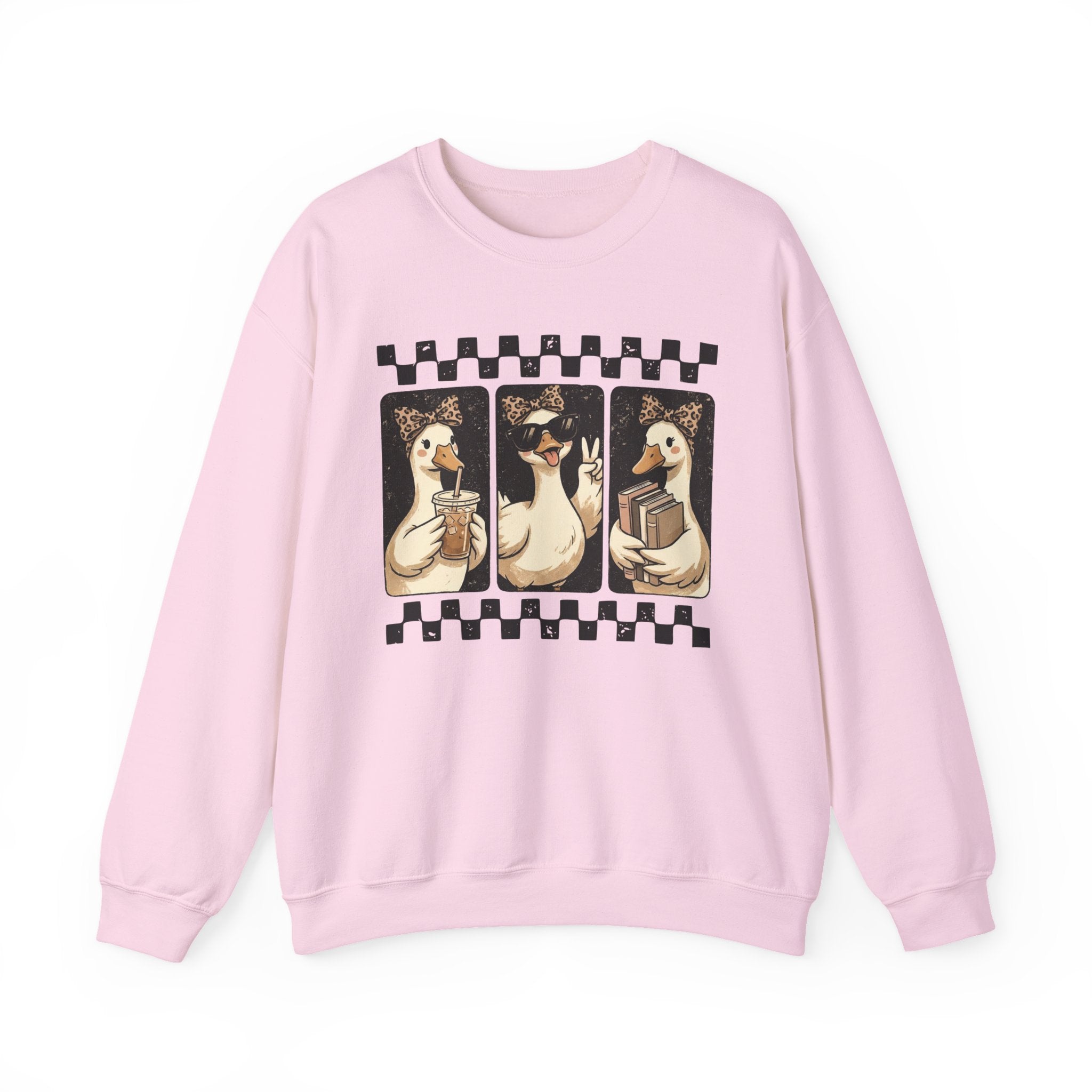 Duck Trio Crewneck Sweatshirt — Vintage Checkered Retro Goose Illustration