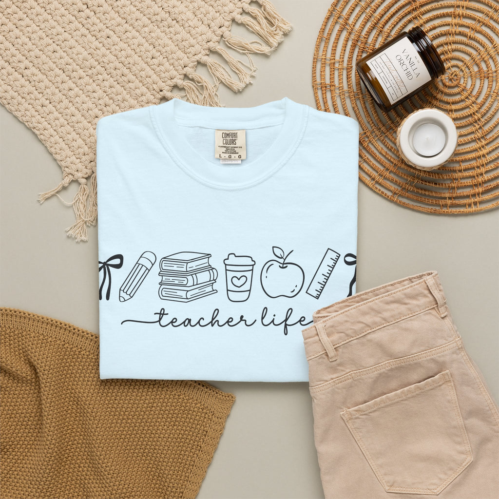 Teacher Life Tee — Minimalist Apple, Books & Coffee Graphic T-Shirt