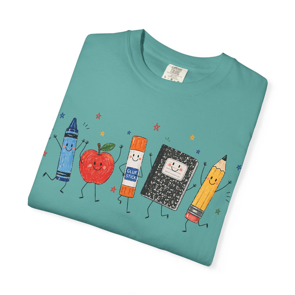 Cute School Supplies Teacher T-Shirt — Happy Apple, Crayon & Pencil Graphic Tee