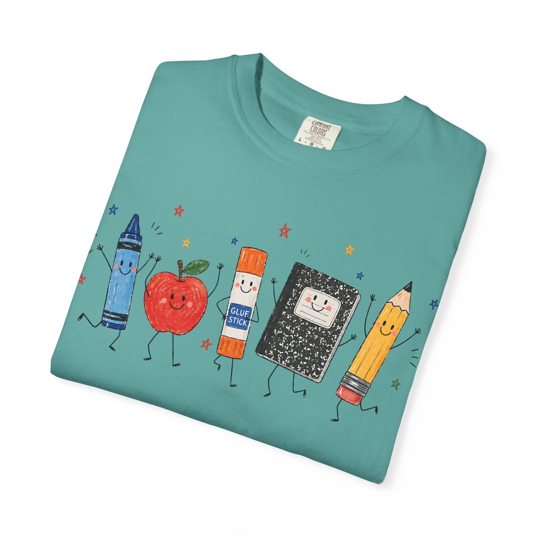 Cute School Supplies Teacher T-Shirt — Happy Apple, Crayon & Pencil Graphic Tee