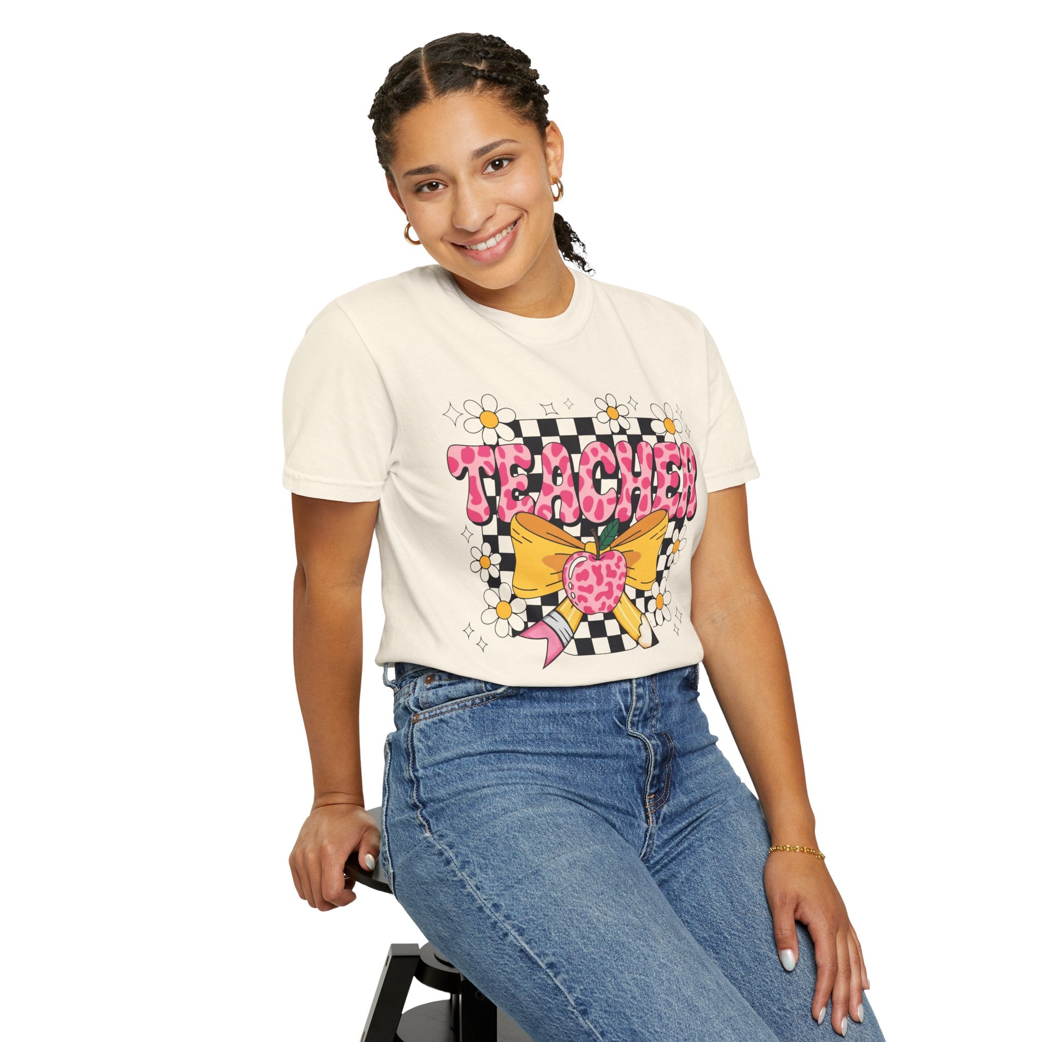 Teacher Floral Bow T‑Shirt — Cute Checkerboard & Heart Design for Educators