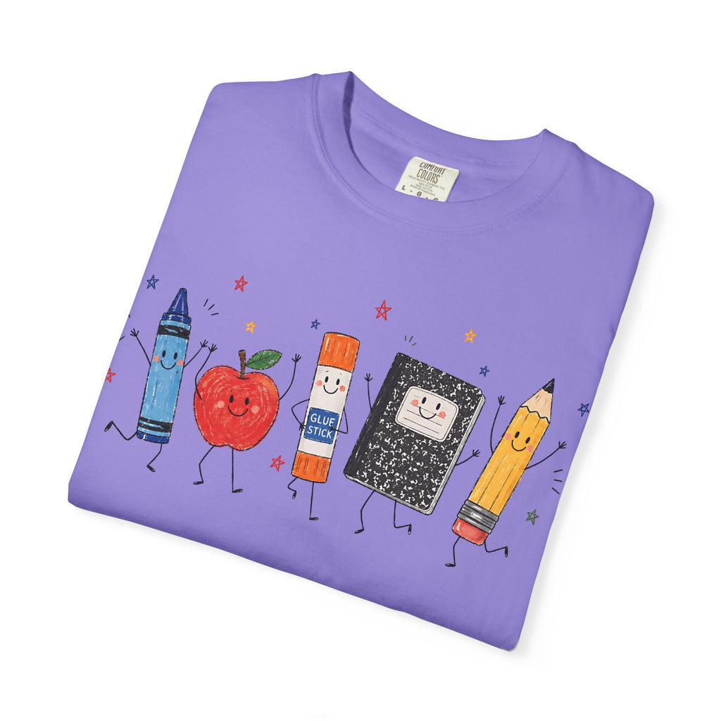 Cute School Supplies Teacher T-Shirt — Happy Apple, Crayon & Pencil Graphic Tee