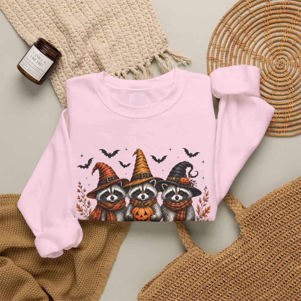 Halloween Raccoon Crewneck Sweatshirt — Cute Witch Hats & Pumpkin Design