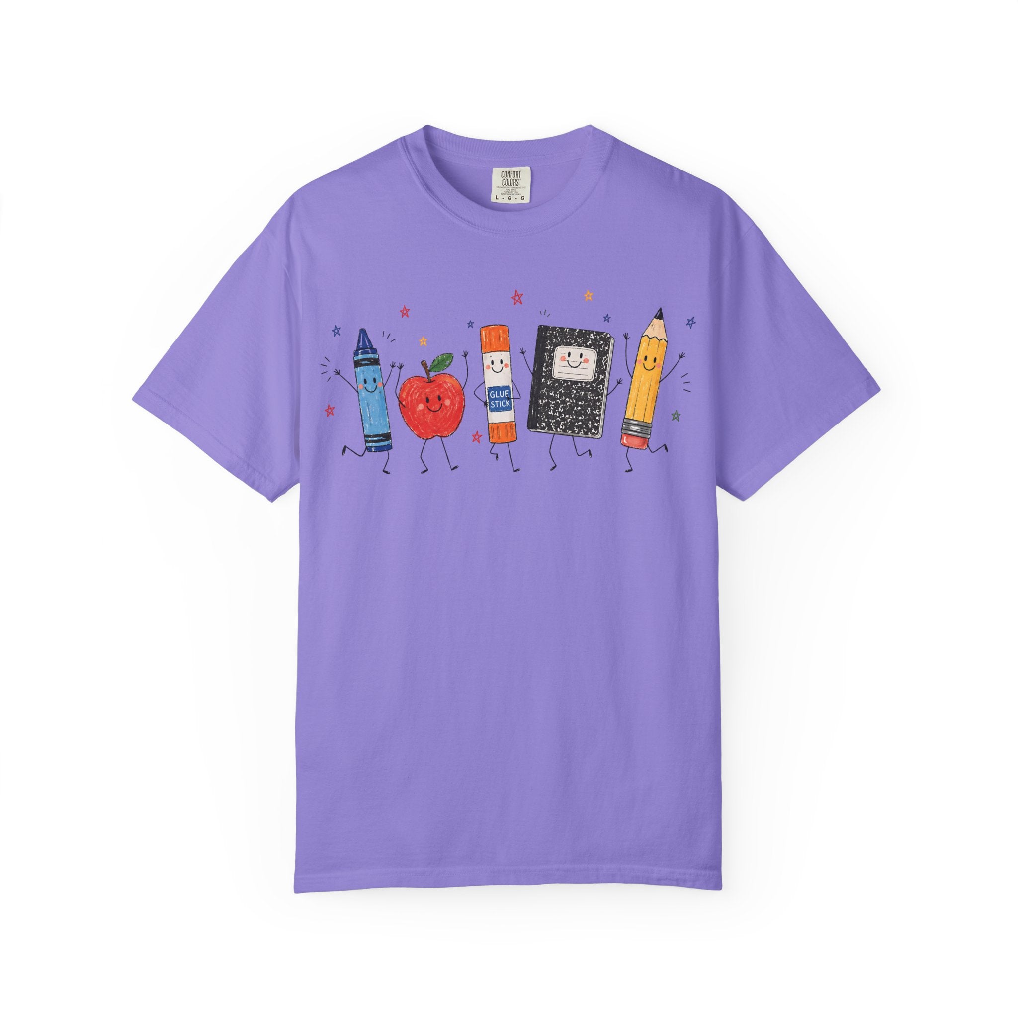 Cute School Supplies Teacher T-Shirt — Happy Apple, Crayon & Pencil Graphic Tee