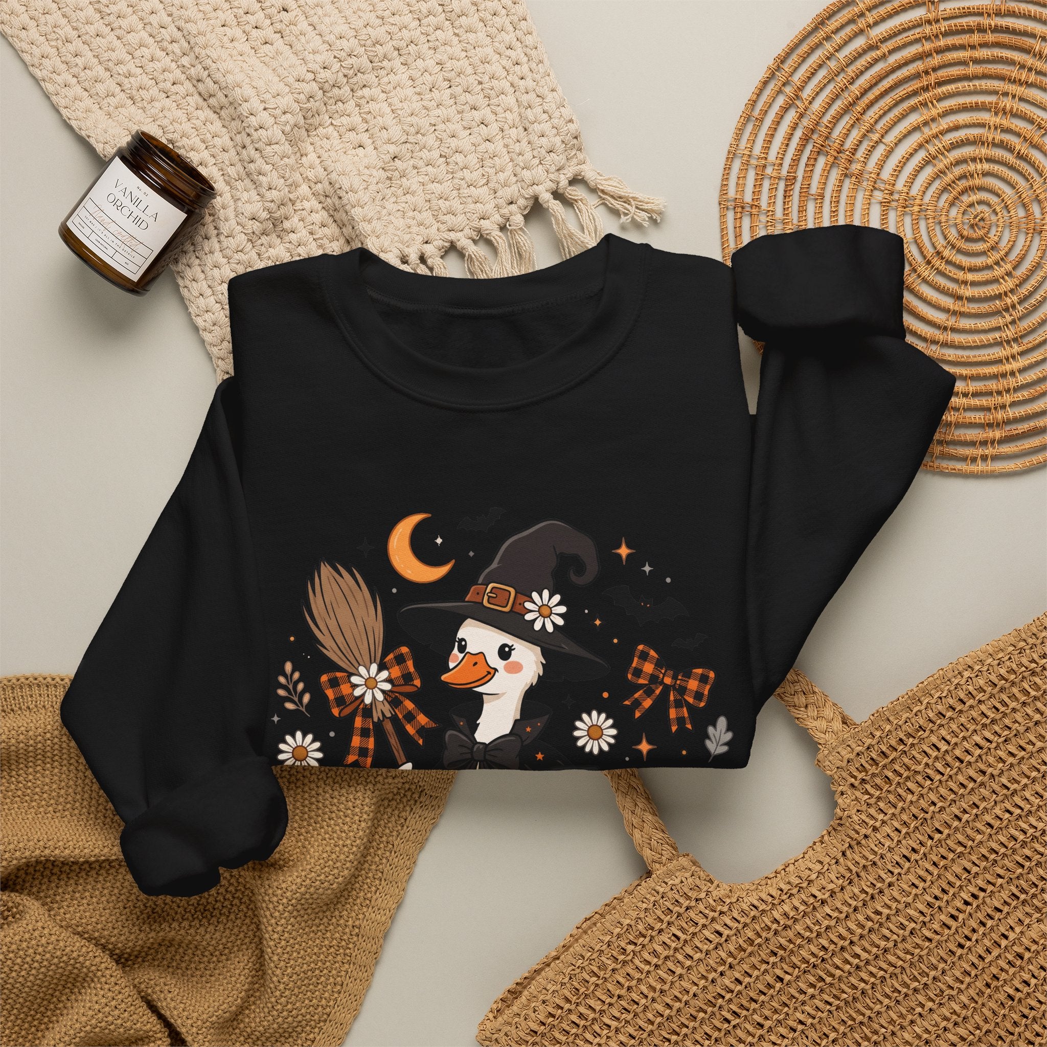 Halloween Duck Witch Crewneck Sweatshirt — Cute Pumpkin & Cauldron Graphic