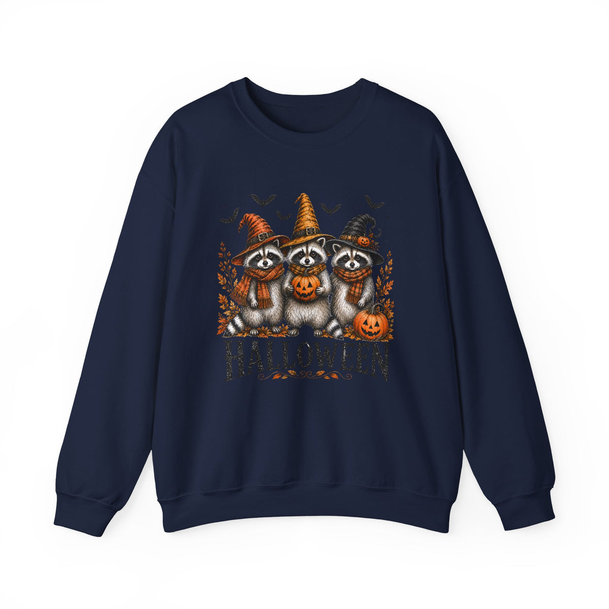 Halloween Raccoon Crewneck Sweatshirt — Cute Witch Hats & Pumpkin Design