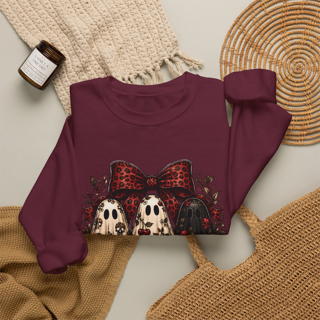 Ghost Trio Floral Crewneck Sweatshirt – Leopard Bow Halloween Pullover