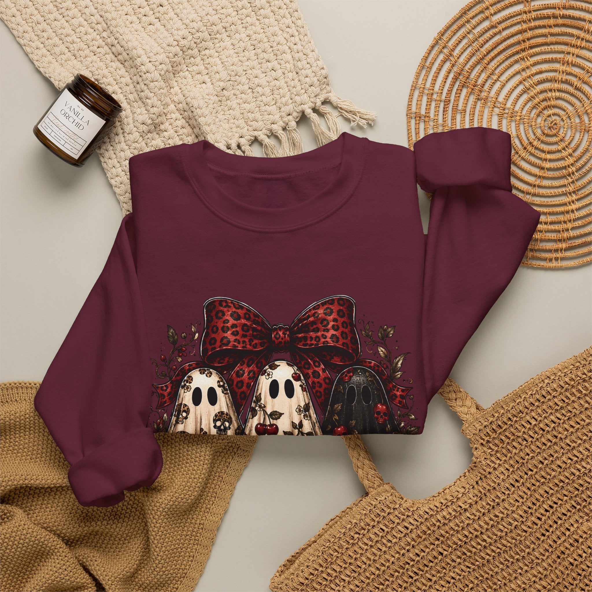 Ghost Trio Floral Crewneck Sweatshirt – Leopard Bow Halloween Pullover