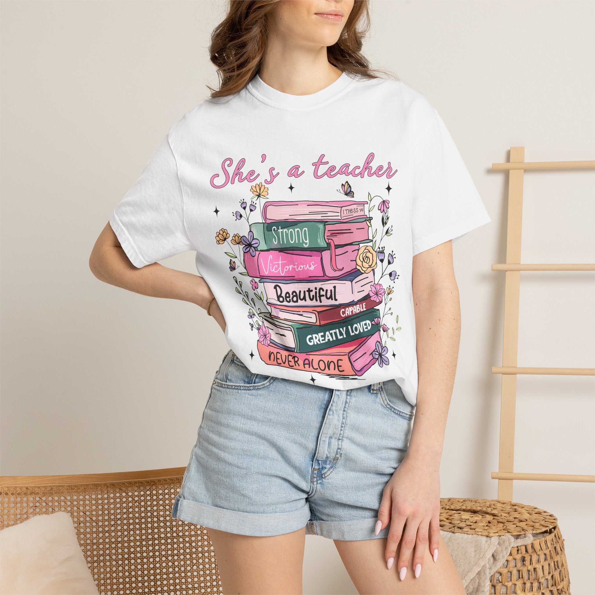 Teacher Appreciation T-Shirt — "She's a Teacher" Floral Stack Design