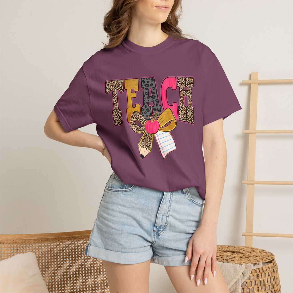 Teacher Graphic Tee — 'TEACH' Leopard Print Pencil Bow Design