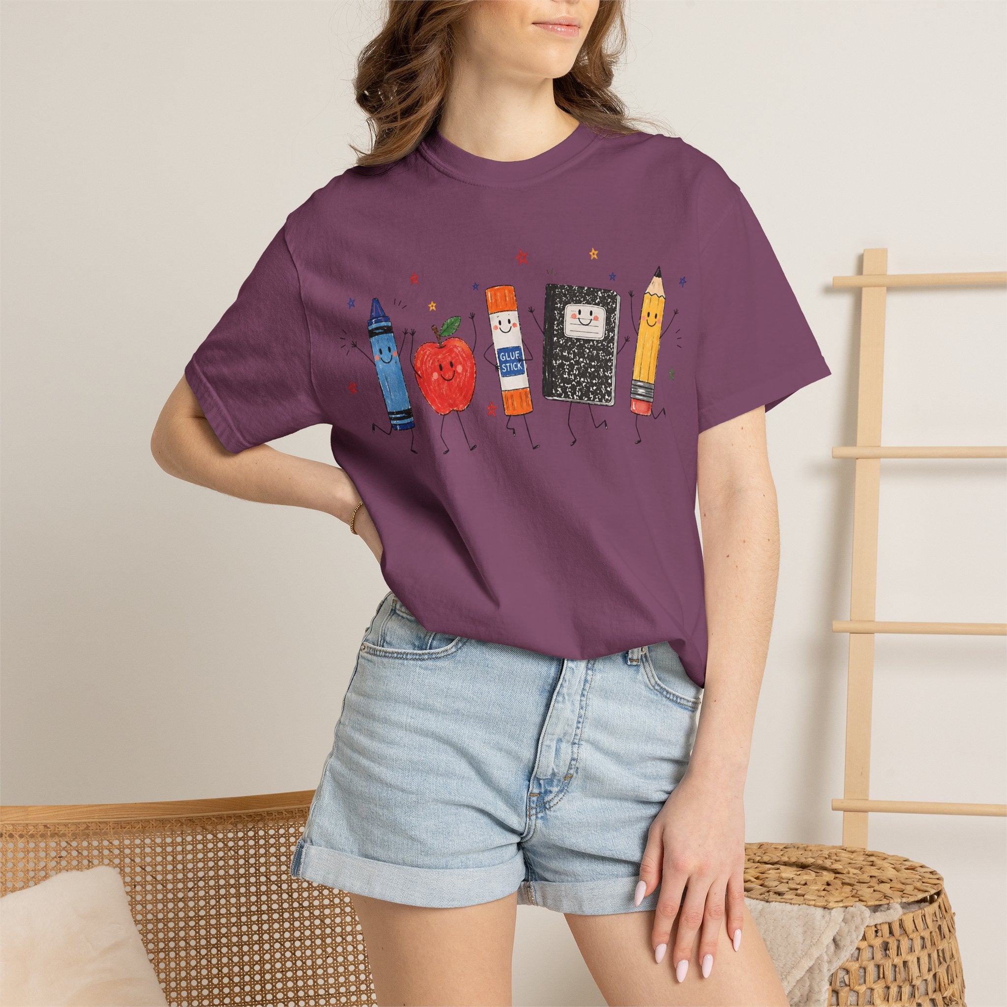 Cute School Supplies Teacher T-Shirt — Happy Apple, Crayon & Pencil Graphic Tee