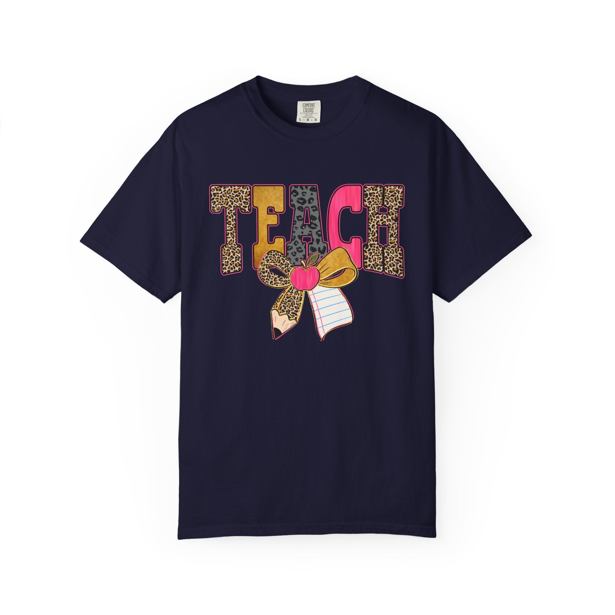 Teacher Graphic Tee — 'TEACH' Leopard Print Pencil Bow Design