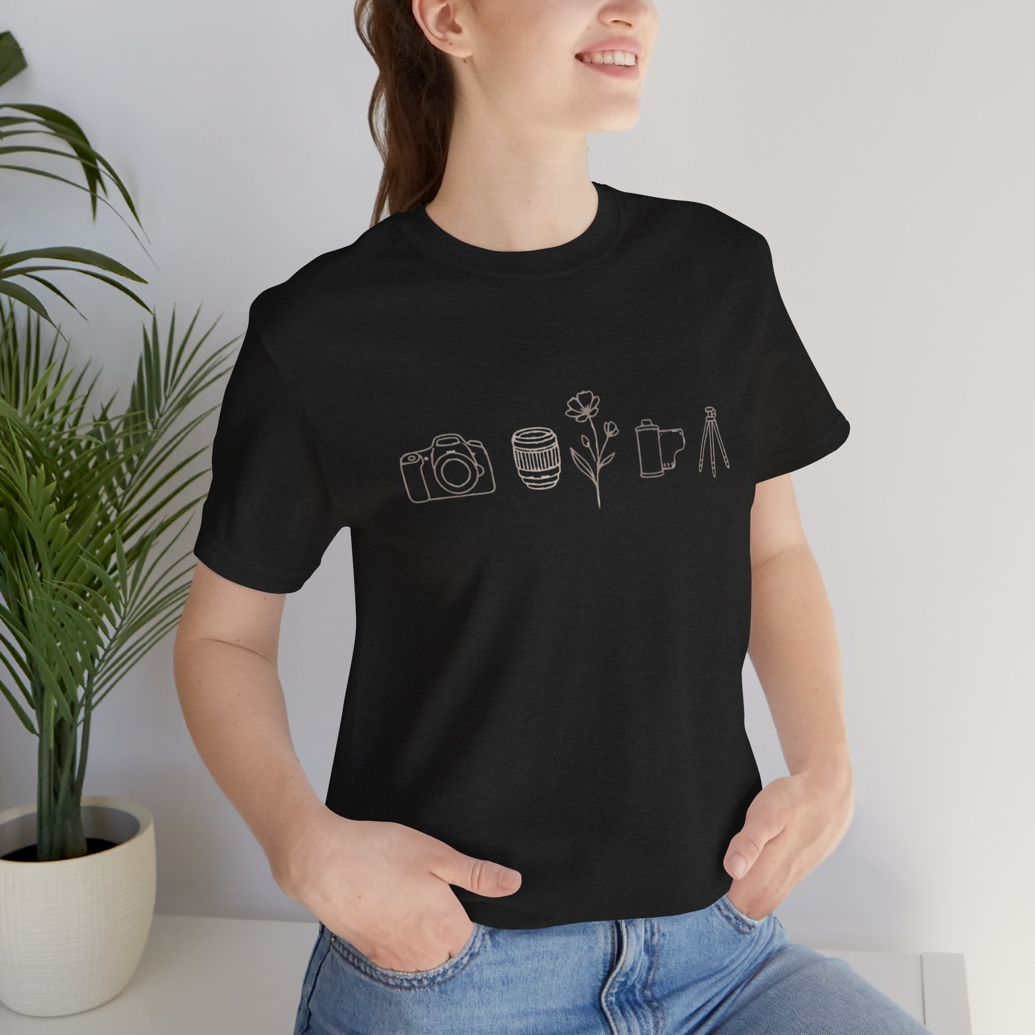 Photography Icons Tee — Minimal Camera, Film, Flower & Tripod Graphic Shirt