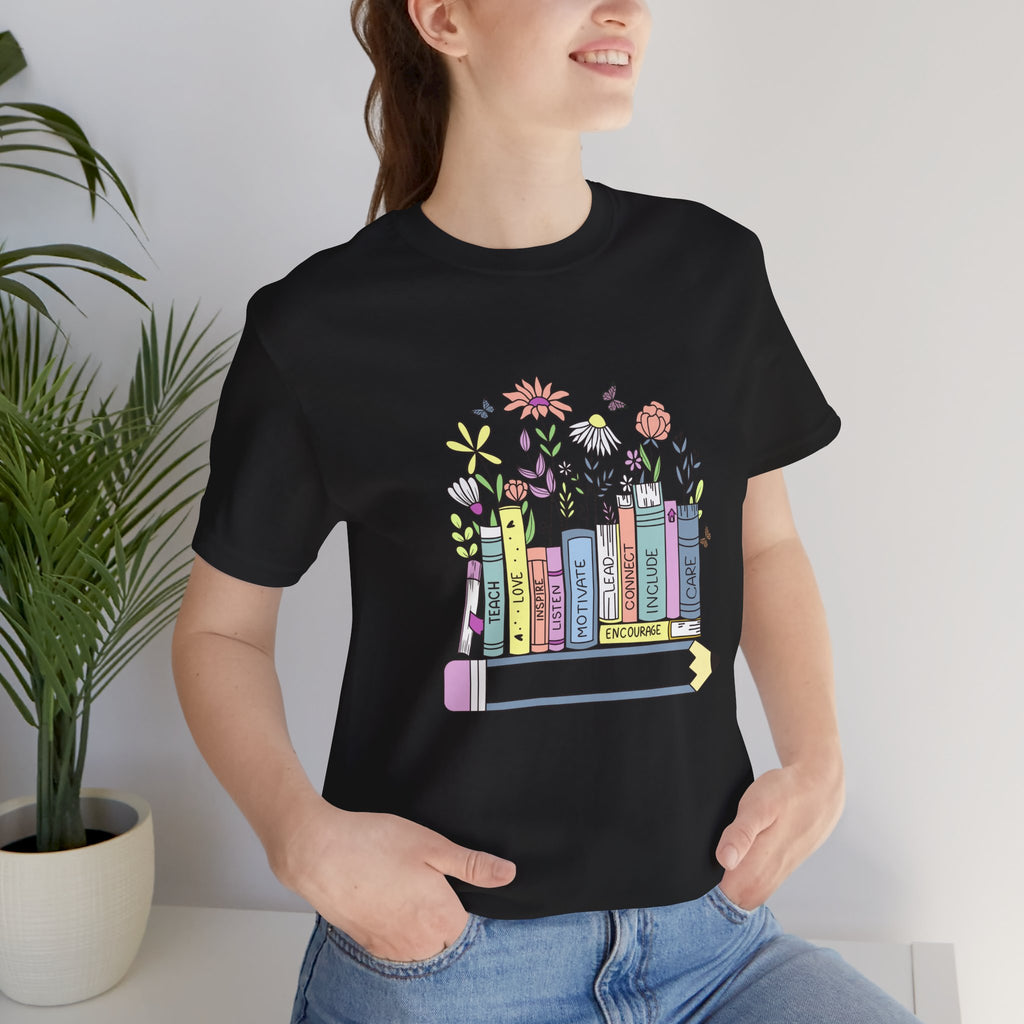 Book Lover T‑Shirt — Teacher Floral Books & Pencil Illustration Tee