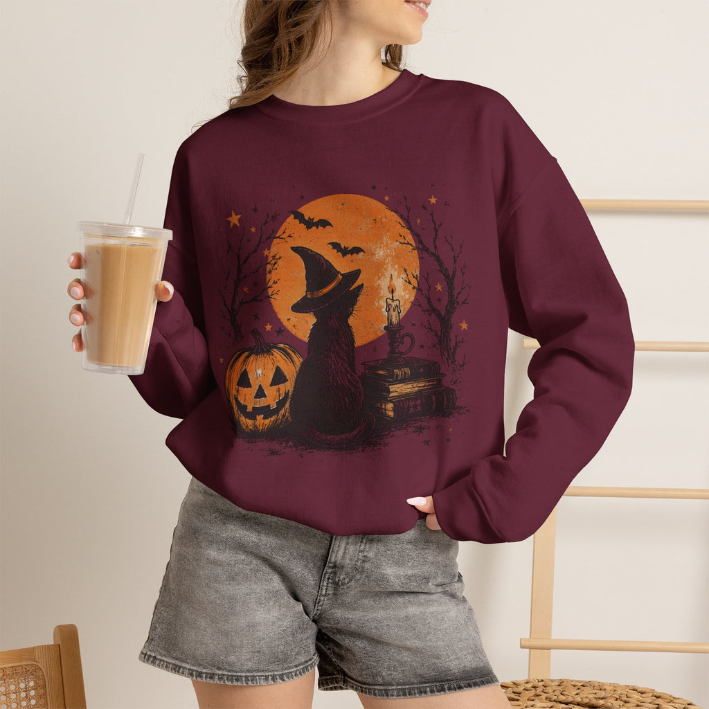 Crewneck Sweatshirt — Halloween Cat Witch Moon Graphic