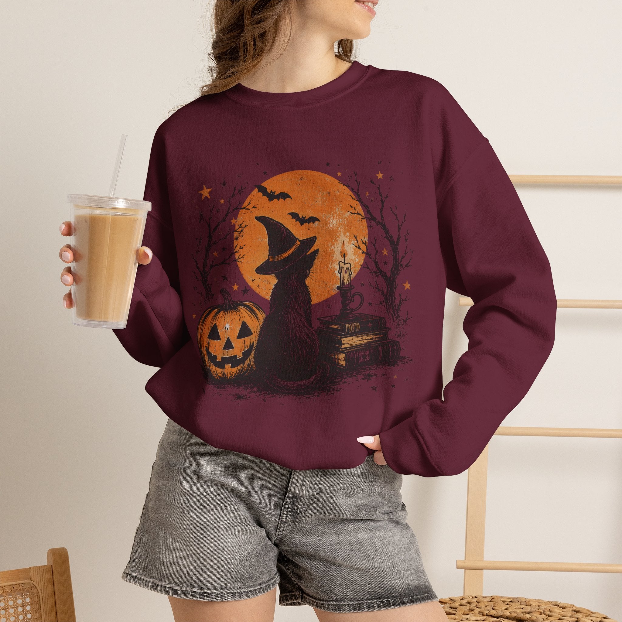 Crewneck Sweatshirt — Halloween Cat Witch Moon Graphic