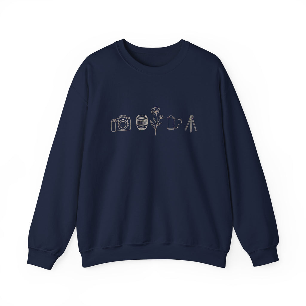 Photography Icons Crewneck Sweatshirt — Minimal Camera, Lens, Film & Tripod Design