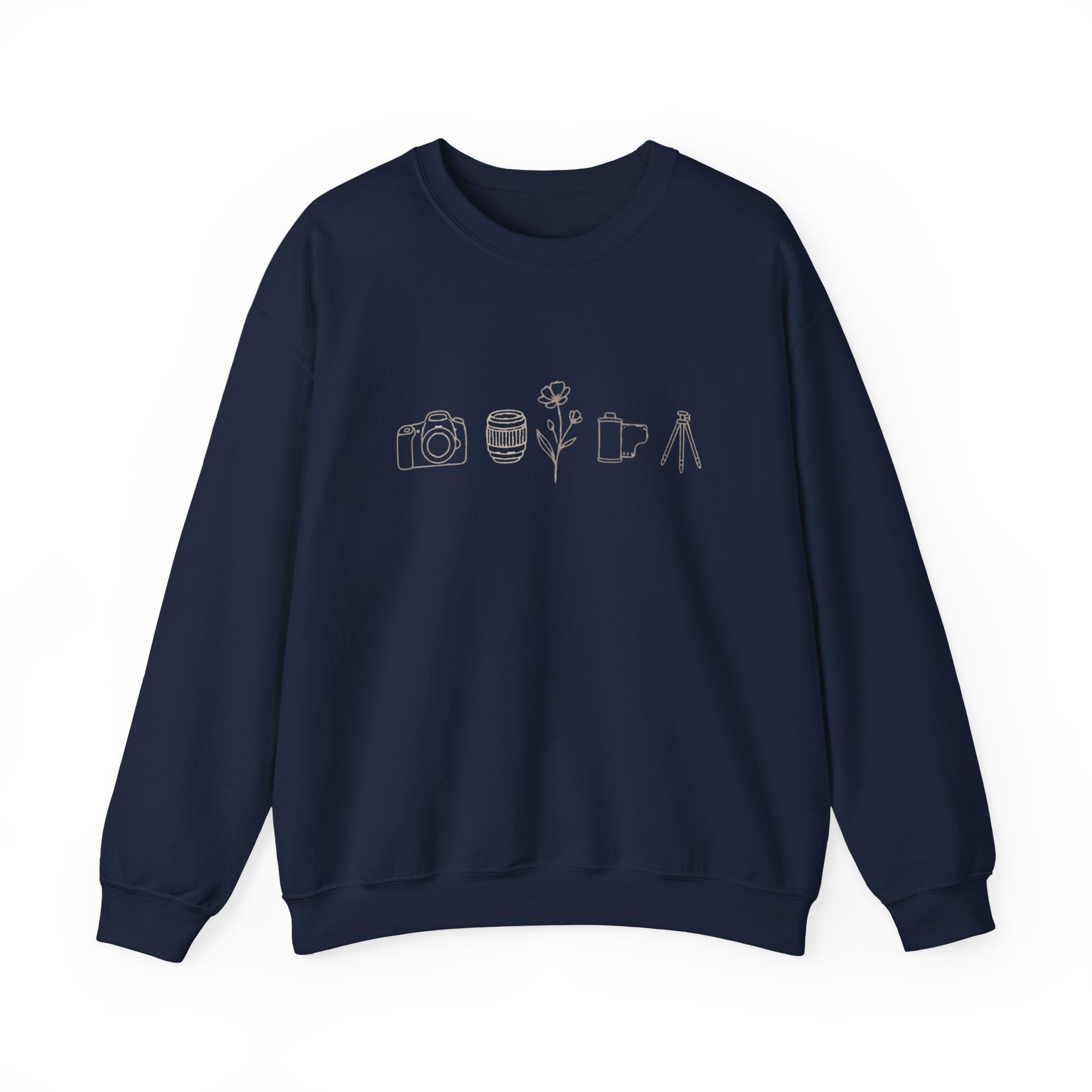 Photography Icons Crewneck Sweatshirt — Minimal Camera, Lens, Film & Tripod Design
