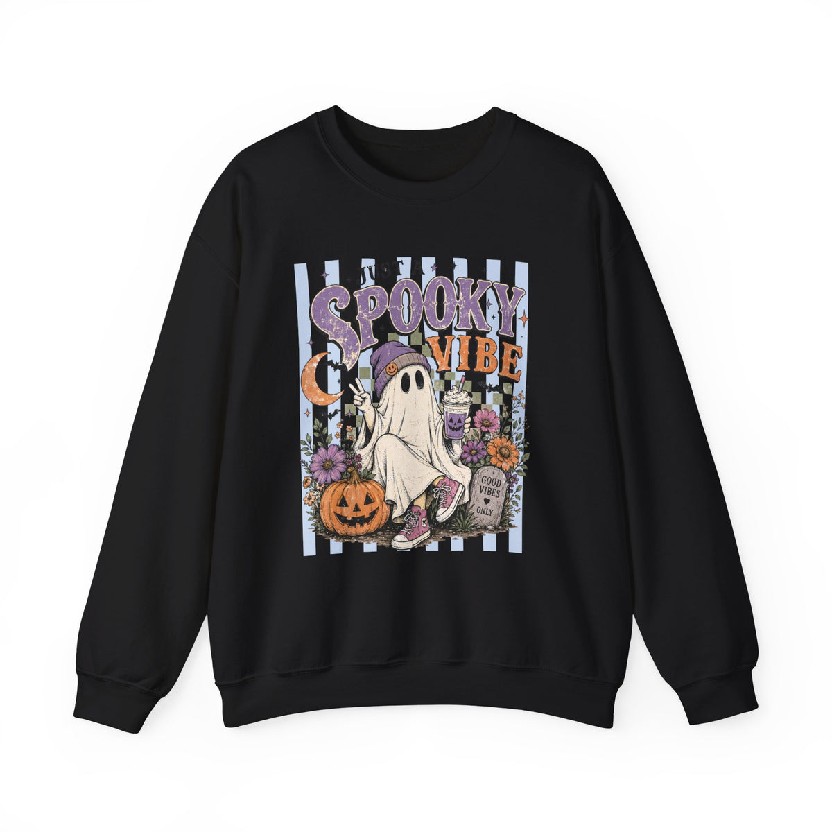 Spooky Vibe Crewneck Sweatshirt — Cute Halloween Ghost Pumpkin Graphic