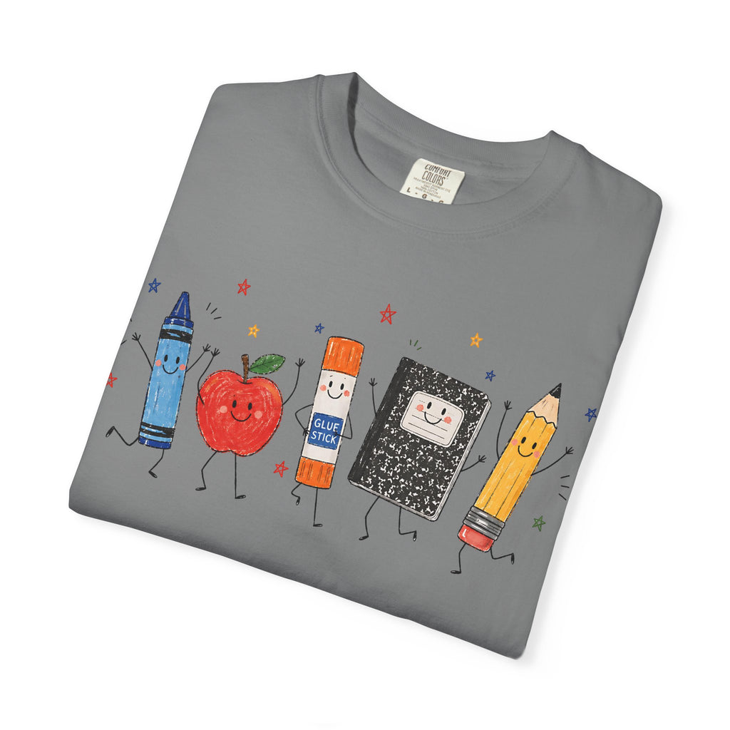 Cute School Supplies Teacher T-Shirt — Happy Apple, Crayon & Pencil Graphic Tee