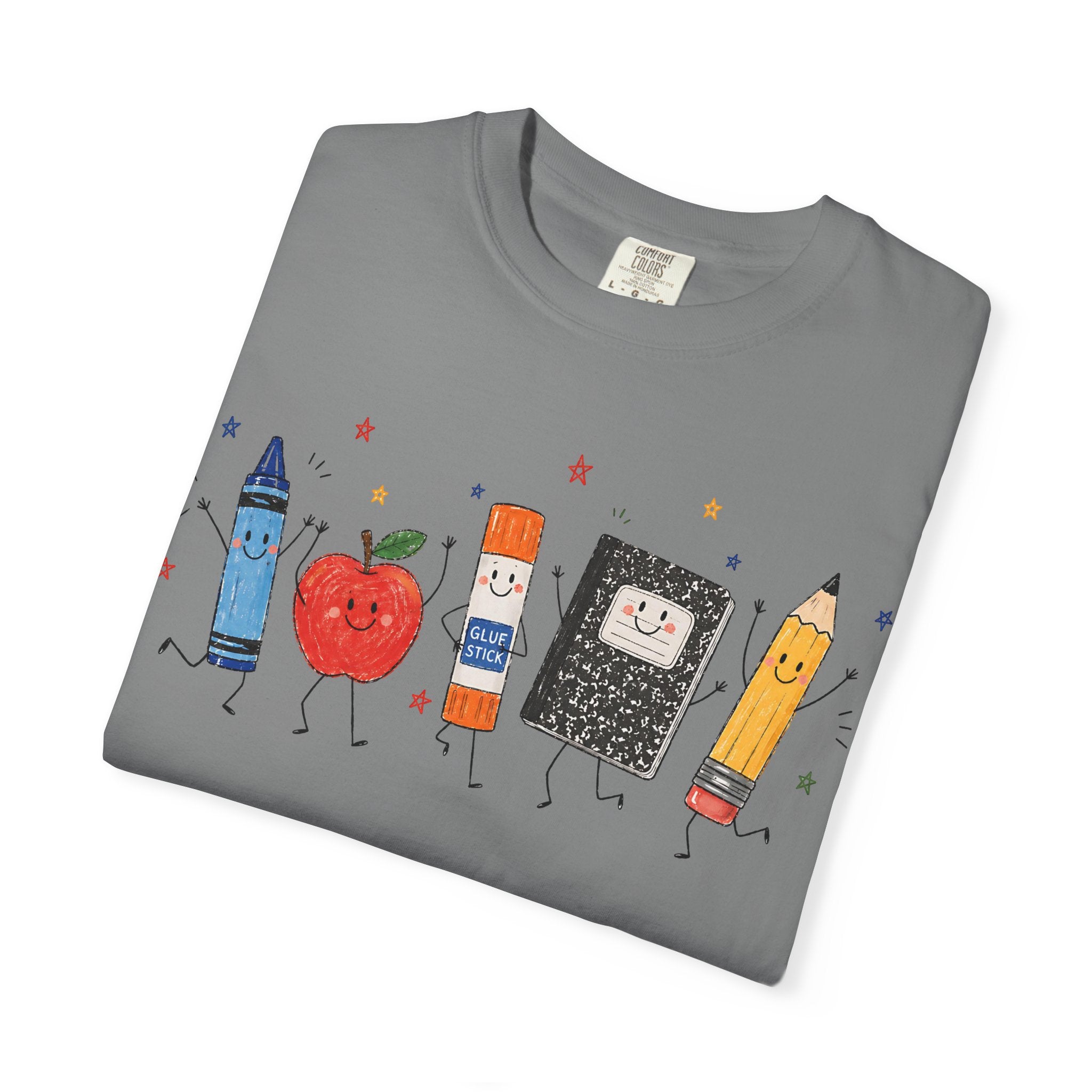Cute School Supplies Teacher T-Shirt — Happy Apple, Crayon & Pencil Graphic Tee