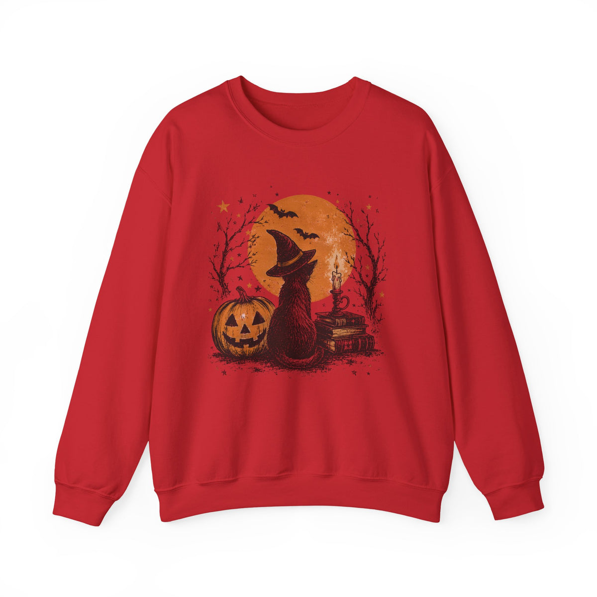 Crewneck Sweatshirt — Halloween Cat Witch Moon Graphic