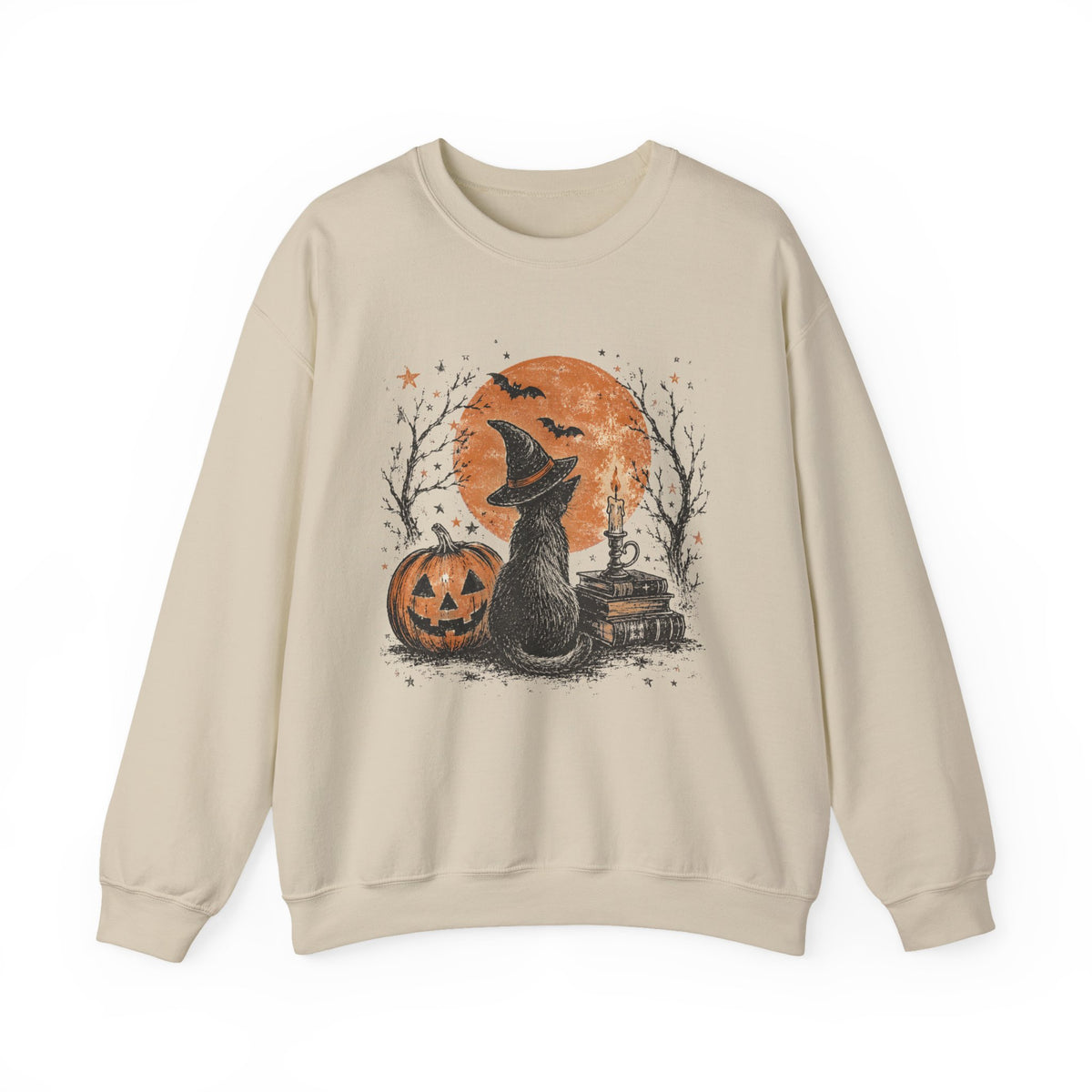 Crewneck Sweatshirt — Halloween Cat Witch Moon Graphic
