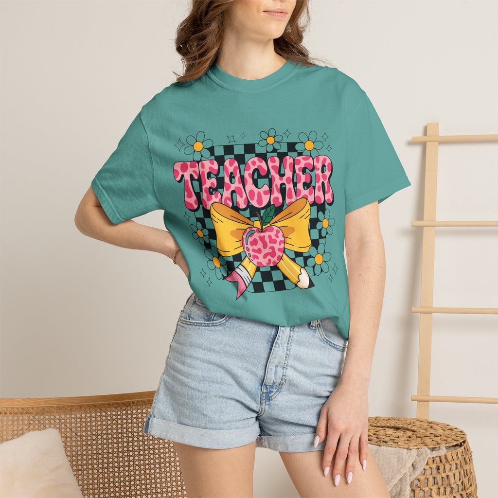 Teacher Floral Bow T‑Shirt — Cute Checkerboard & Heart Design for Educators