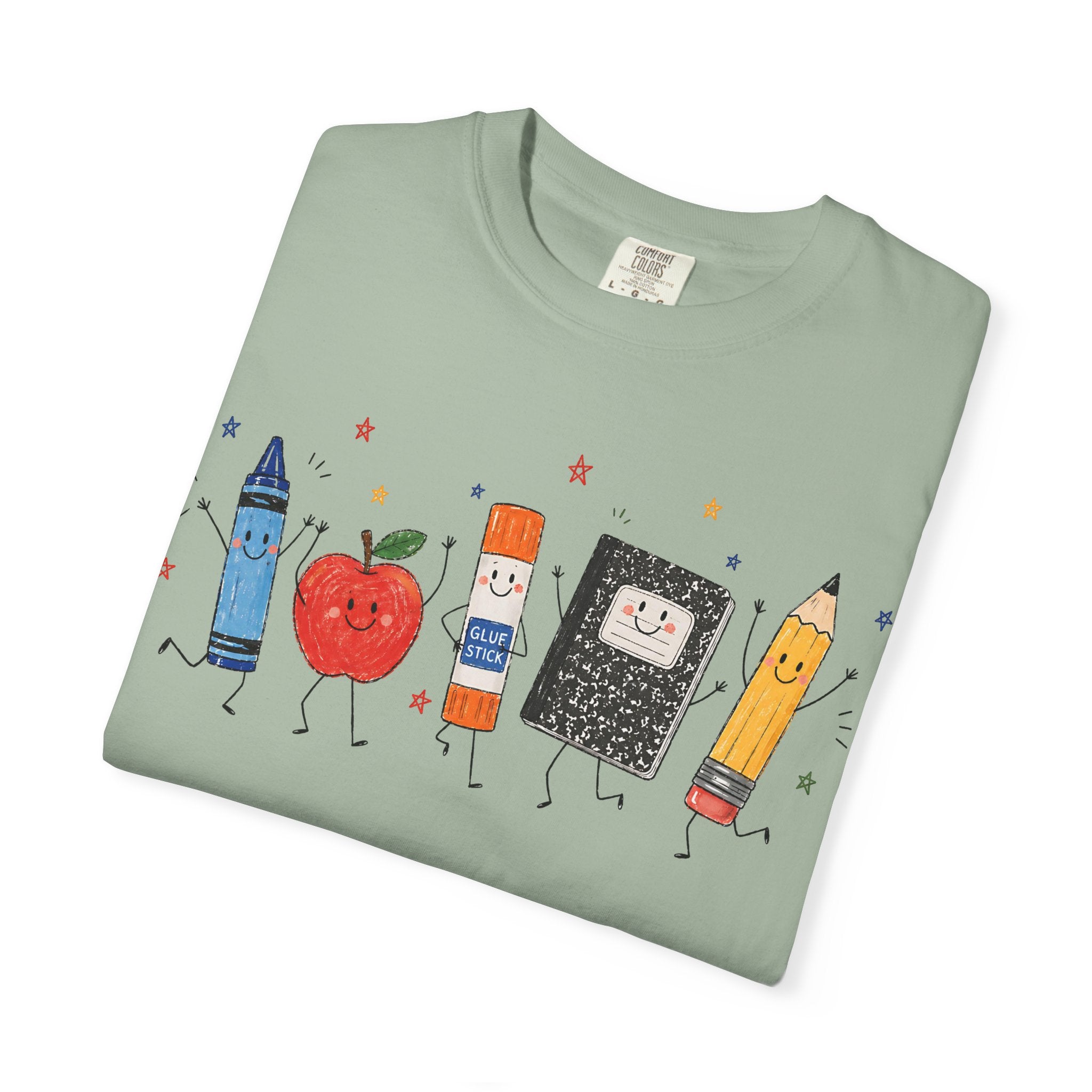Cute School Supplies Teacher T-Shirt — Happy Apple, Crayon & Pencil Graphic Tee