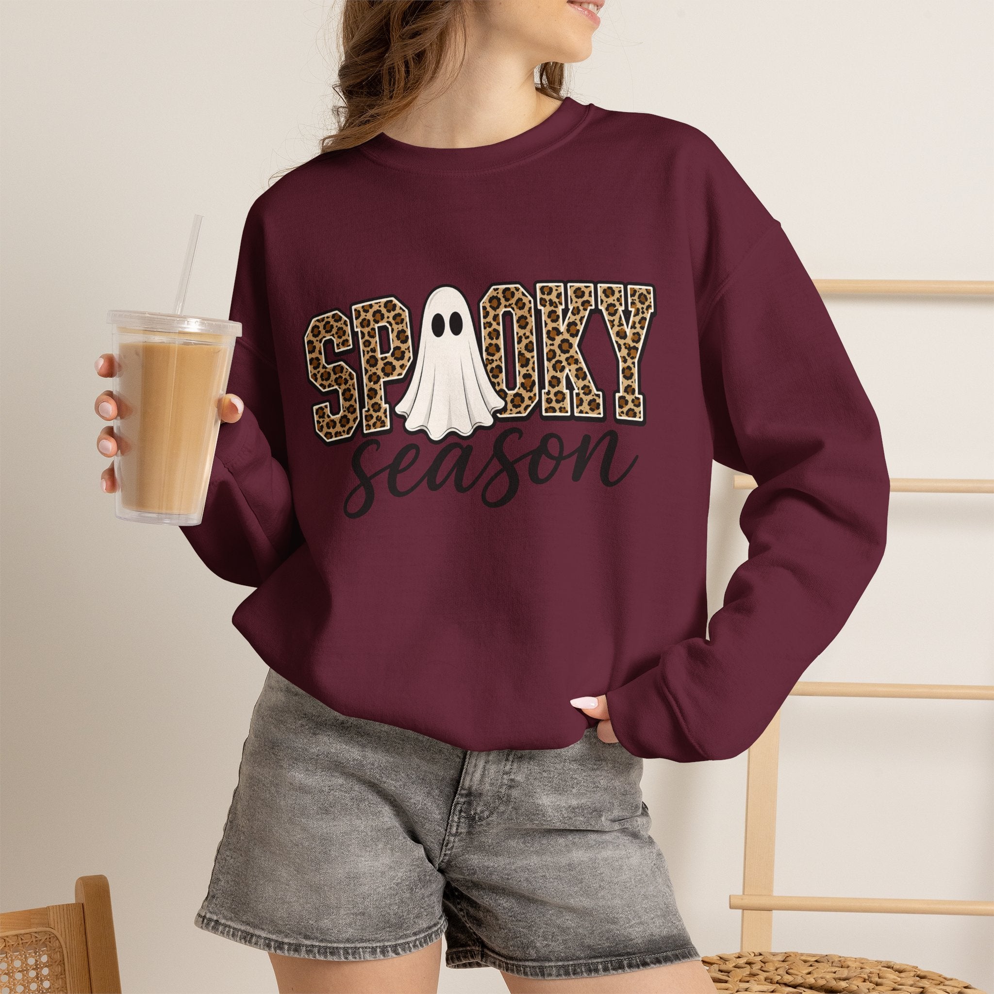 Spooky Season Sweatshirt - Leopard Print Ghost Halloween Crewneck