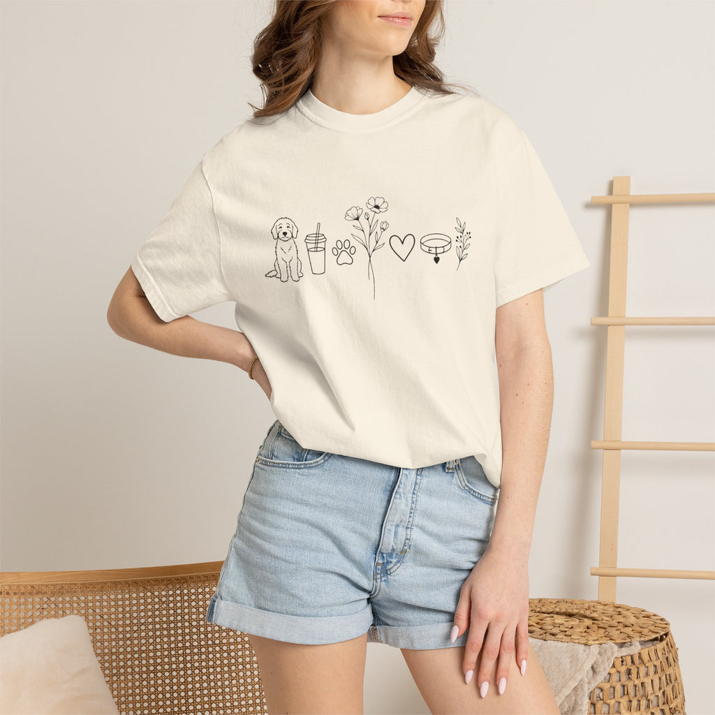 Minimal Doodle and Floral Icons T-Shirt — Coffee, Plants & Dog Line Art Tee