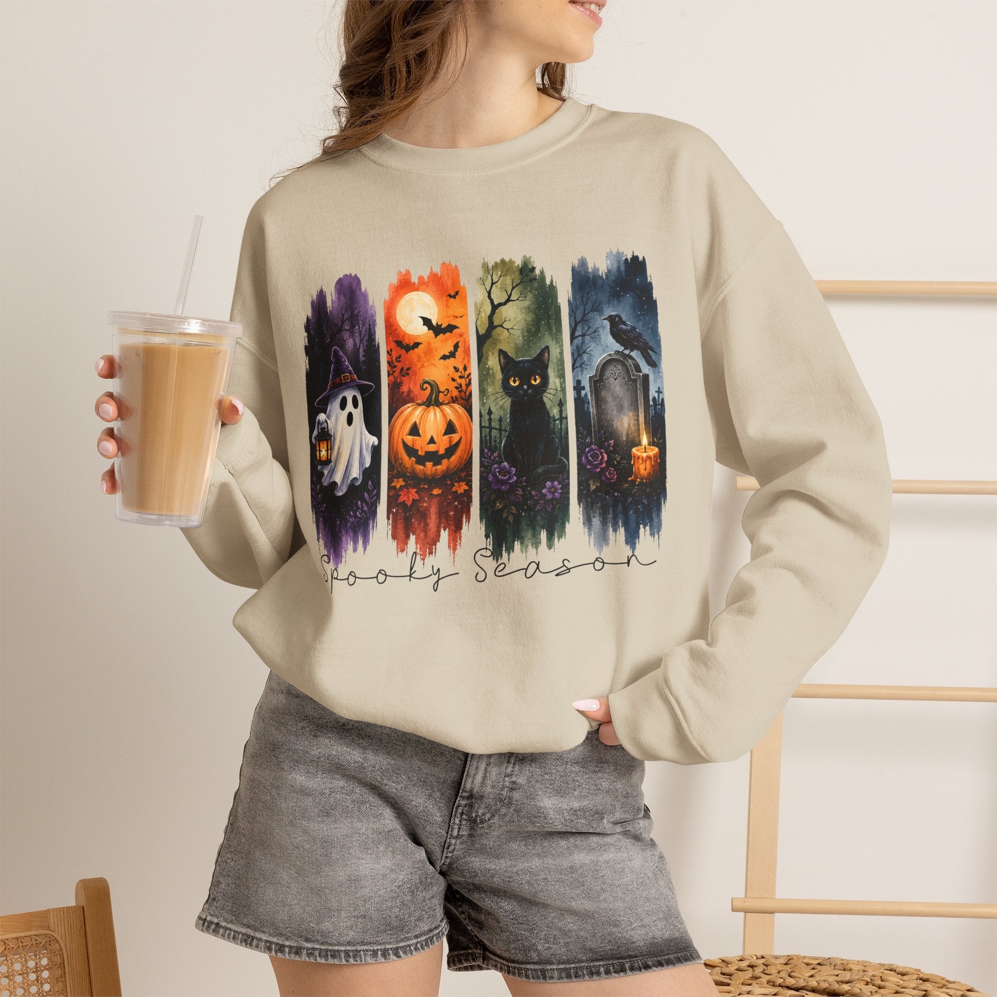 Halloween Seasons Crewneck Sweatshirt — Spooky Ghost, Jack-o'-Lantern & Haunted Night Design