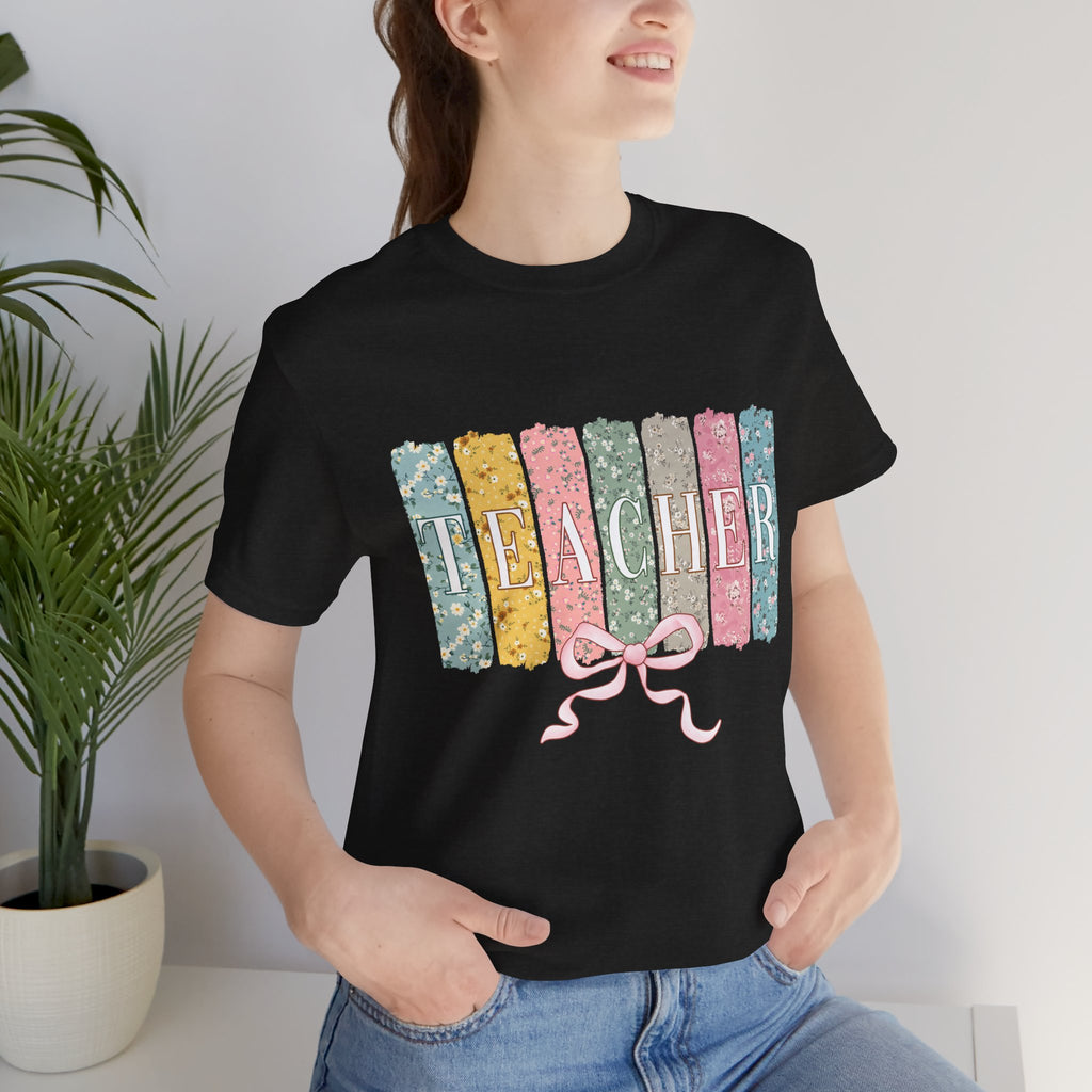 Teacher Floral Stripe T-Shirt - Pastel Ribbon Classroom Gift