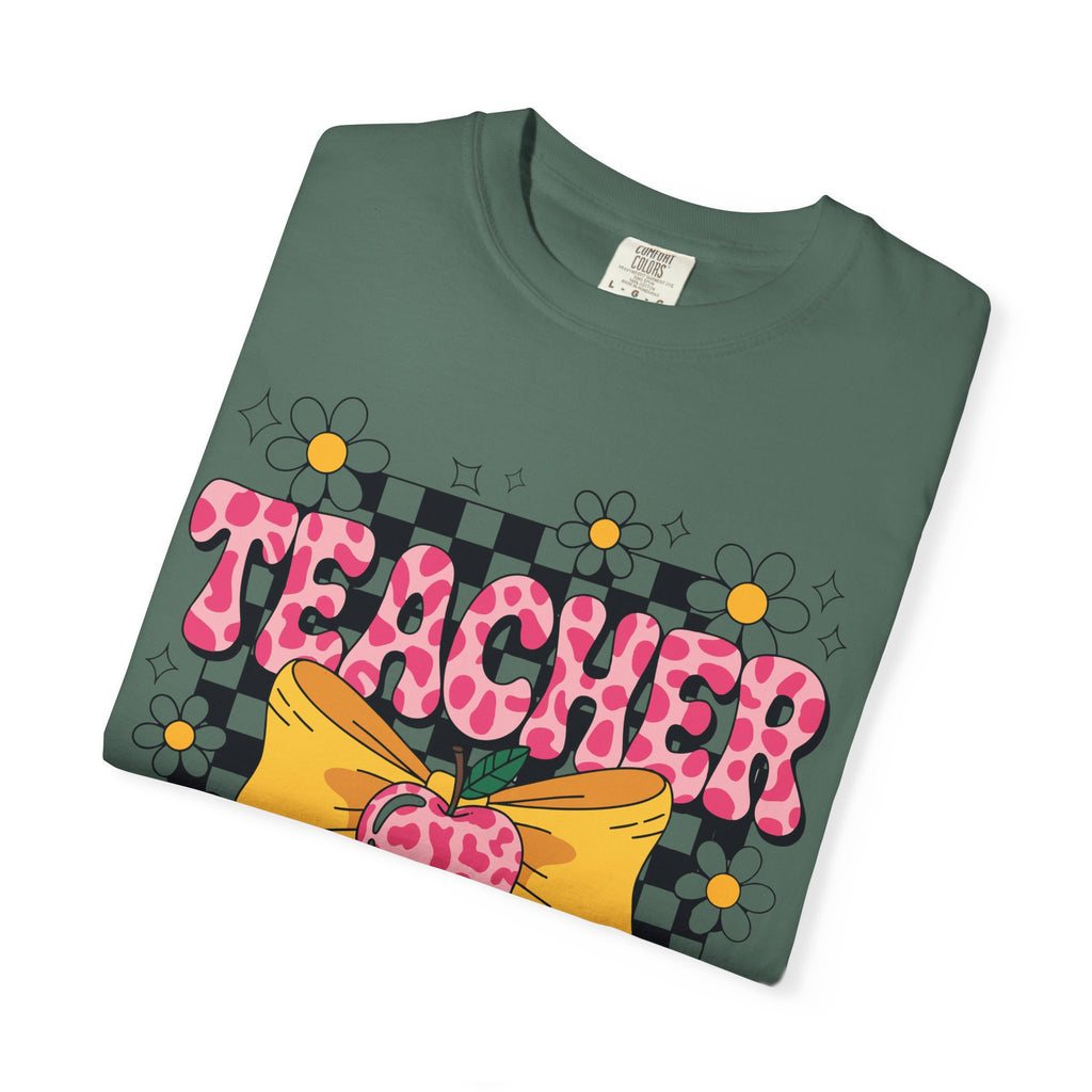 Teacher Floral Bow T‑Shirt — Cute Checkerboard & Heart Design for Educators