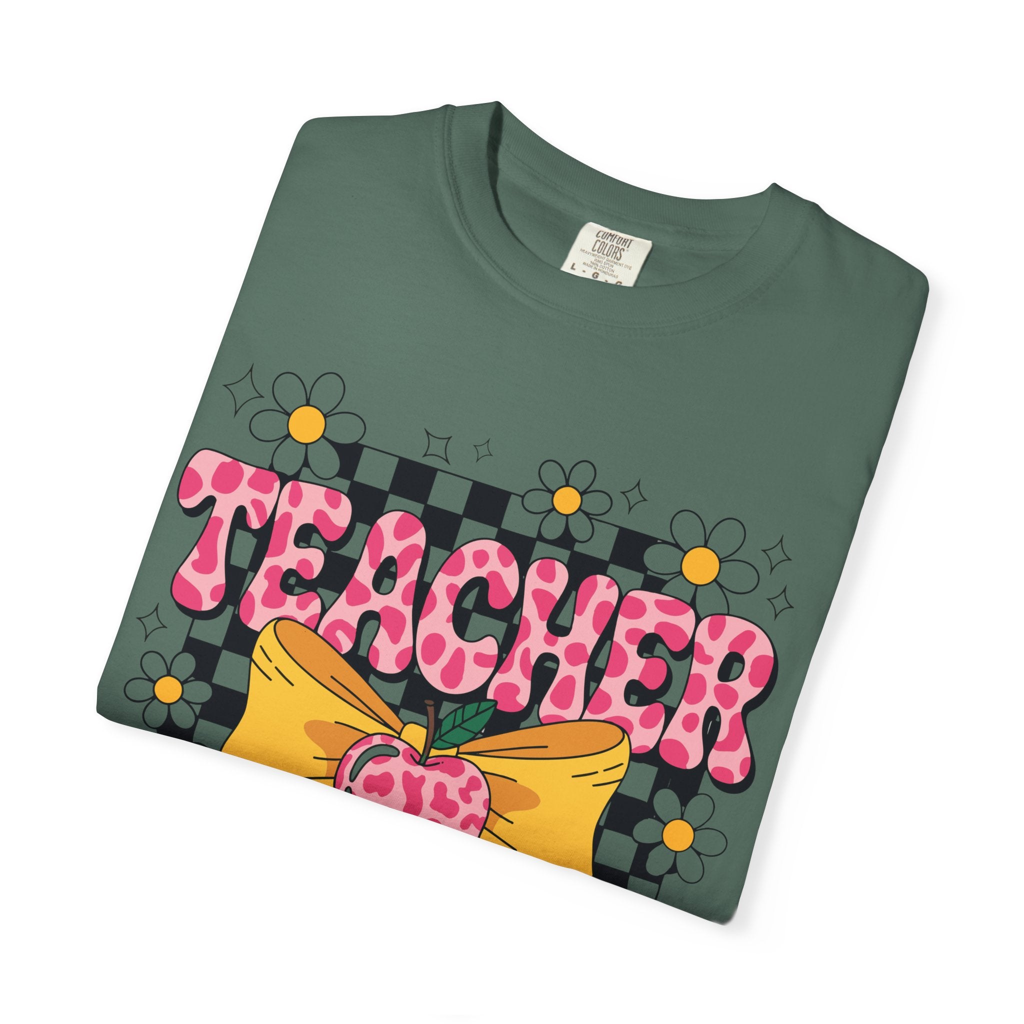 Teacher Floral Bow T‑Shirt — Cute Checkerboard & Heart Design for Educators