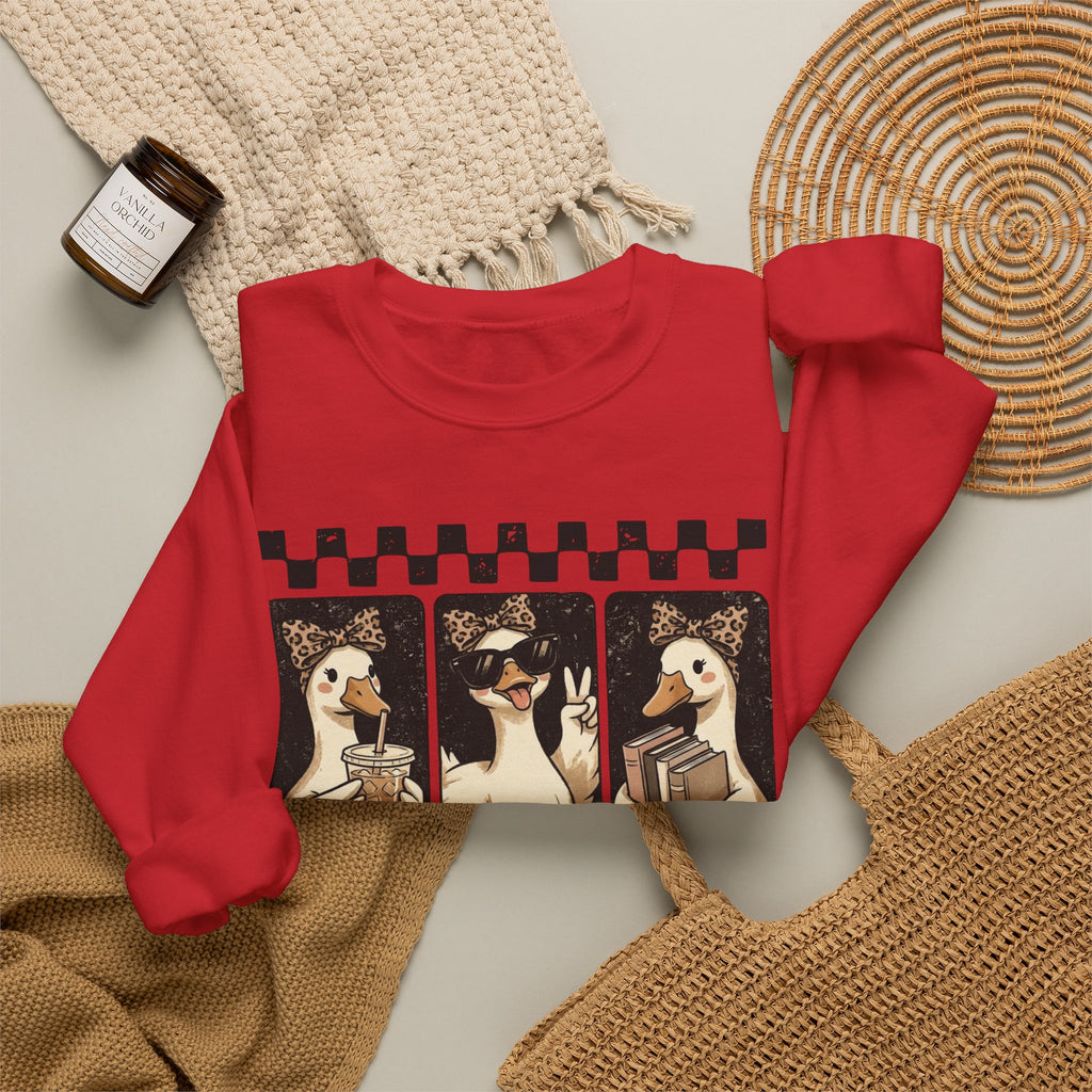 Duck Trio Crewneck Sweatshirt — Vintage Checkered Retro Goose Illustration