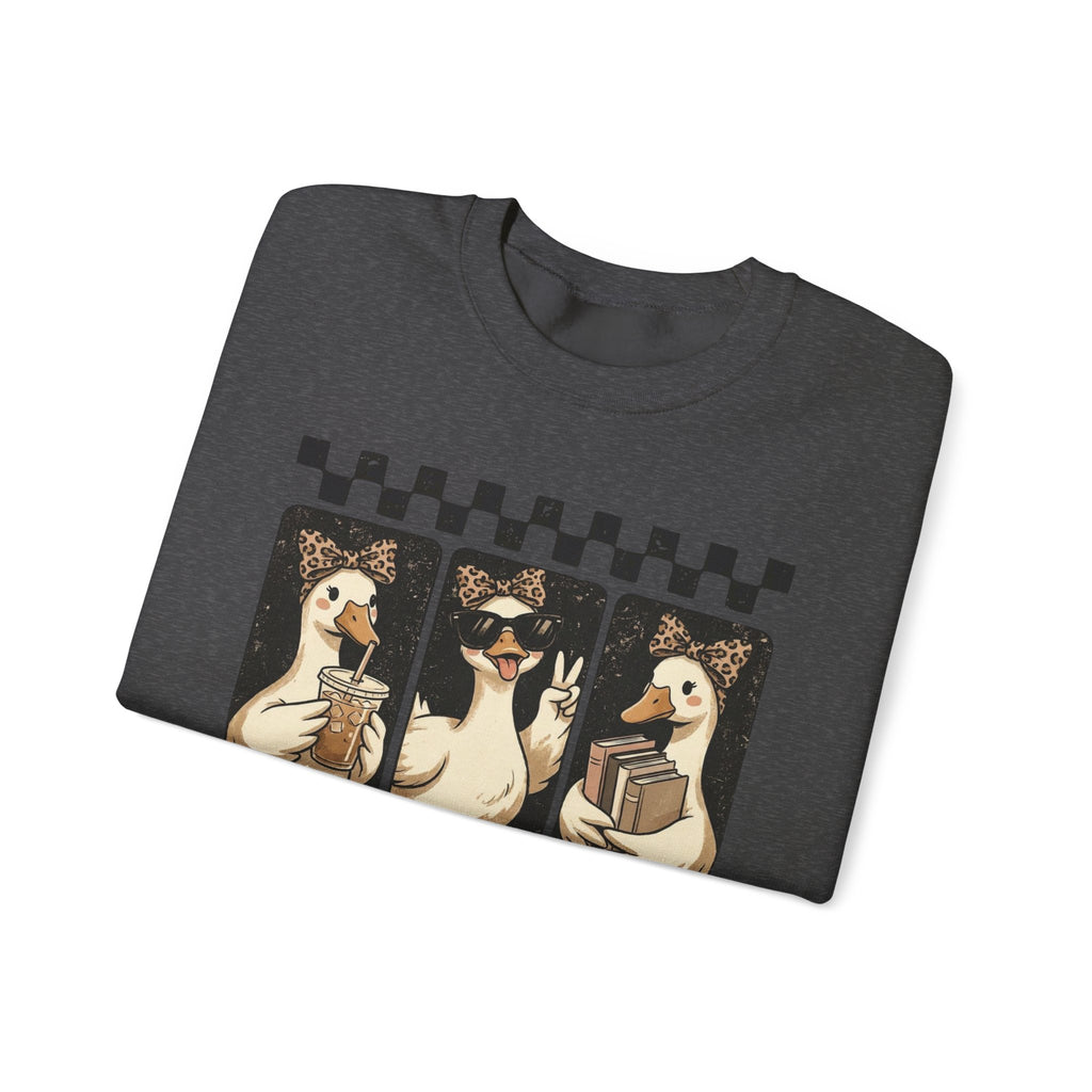 Duck Trio Crewneck Sweatshirt — Vintage Checkered Retro Goose Illustration