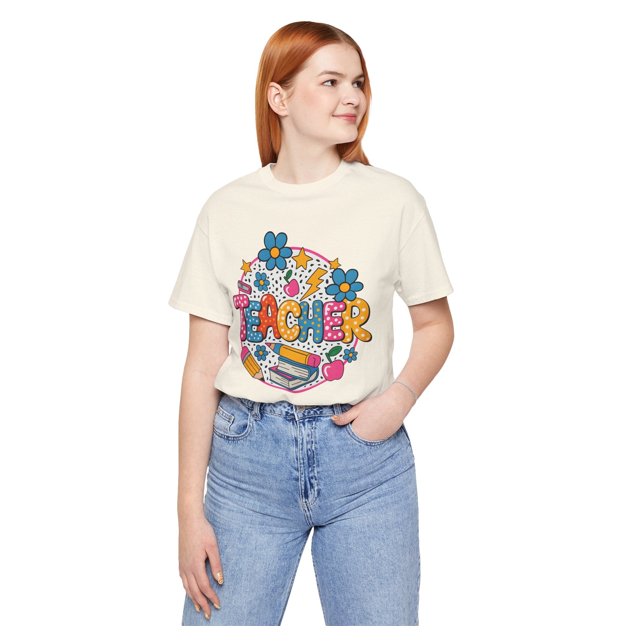 Teacher Doodle Graphic Tee — Colorful School Supplies Design