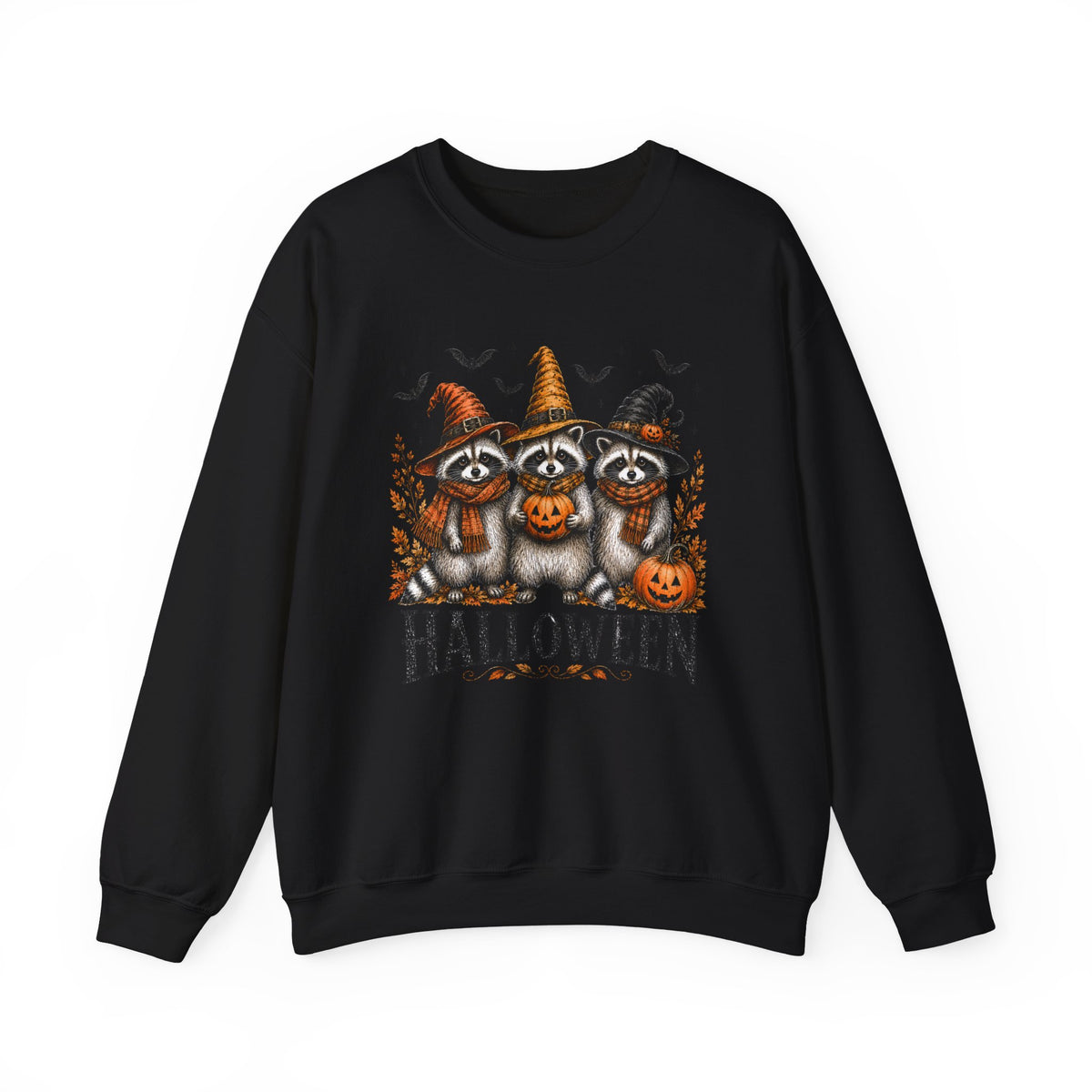 Halloween Raccoon Crewneck Sweatshirt — Cute Witch Hats & Pumpkin Design