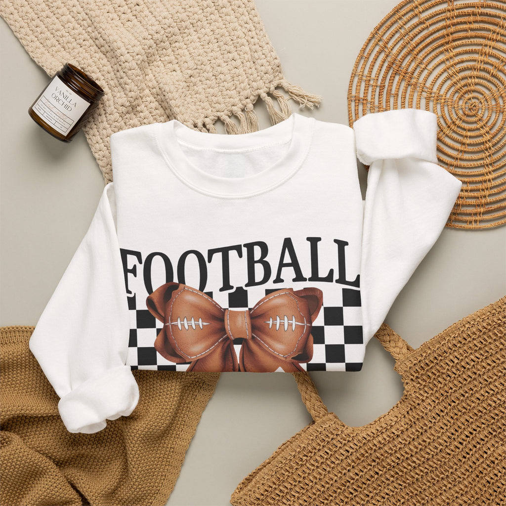 Football Mama Crewneck Sweatshirt — Retro Checkerboard Football Graphic